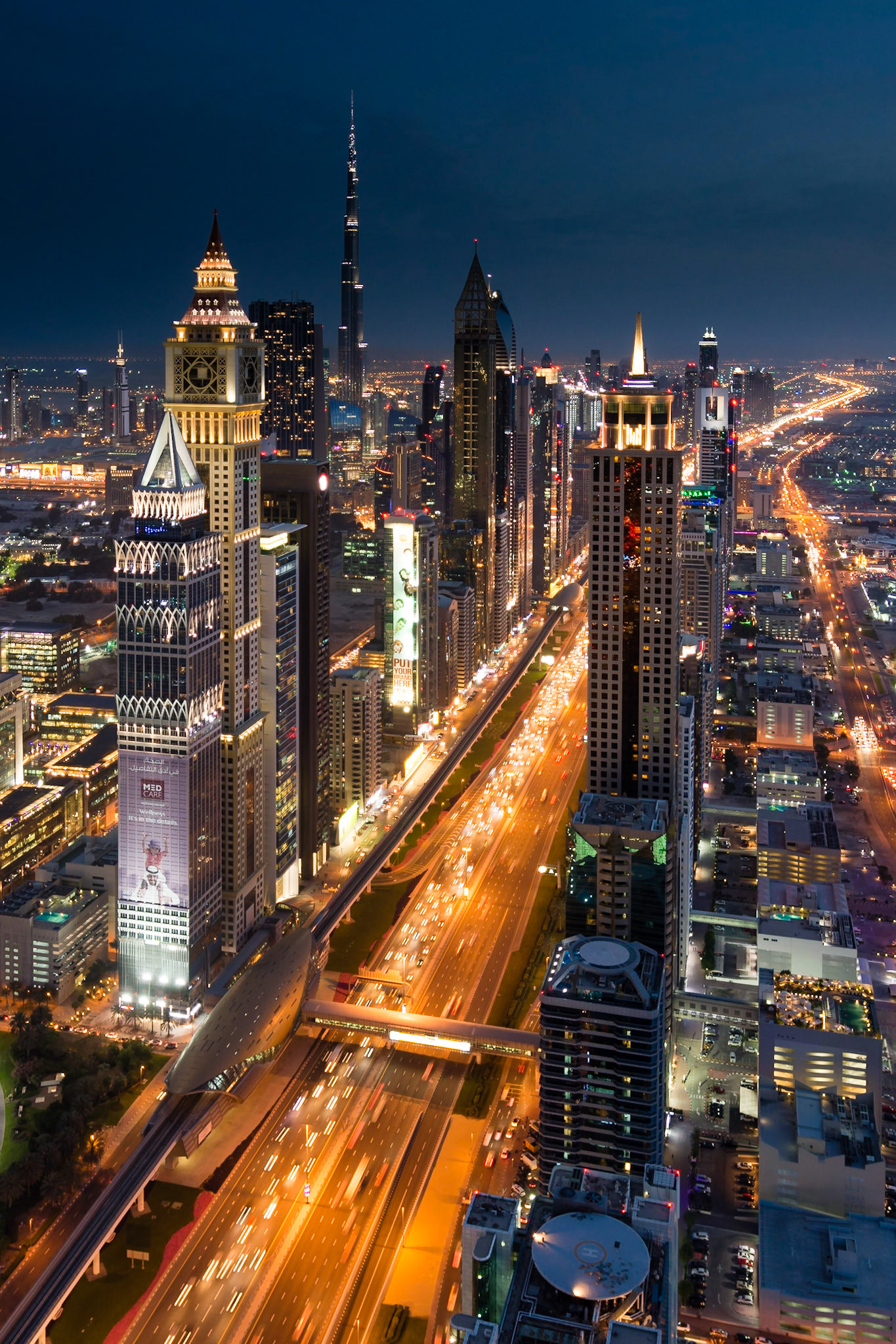 This view of Sheikh Zayed road looks southbound towards Business Bay and the Burj Khalifa.