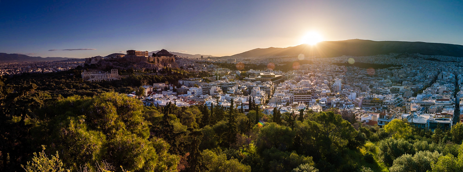 Sunrise over Athens, Greece, viewed from Philopappos Hill.
