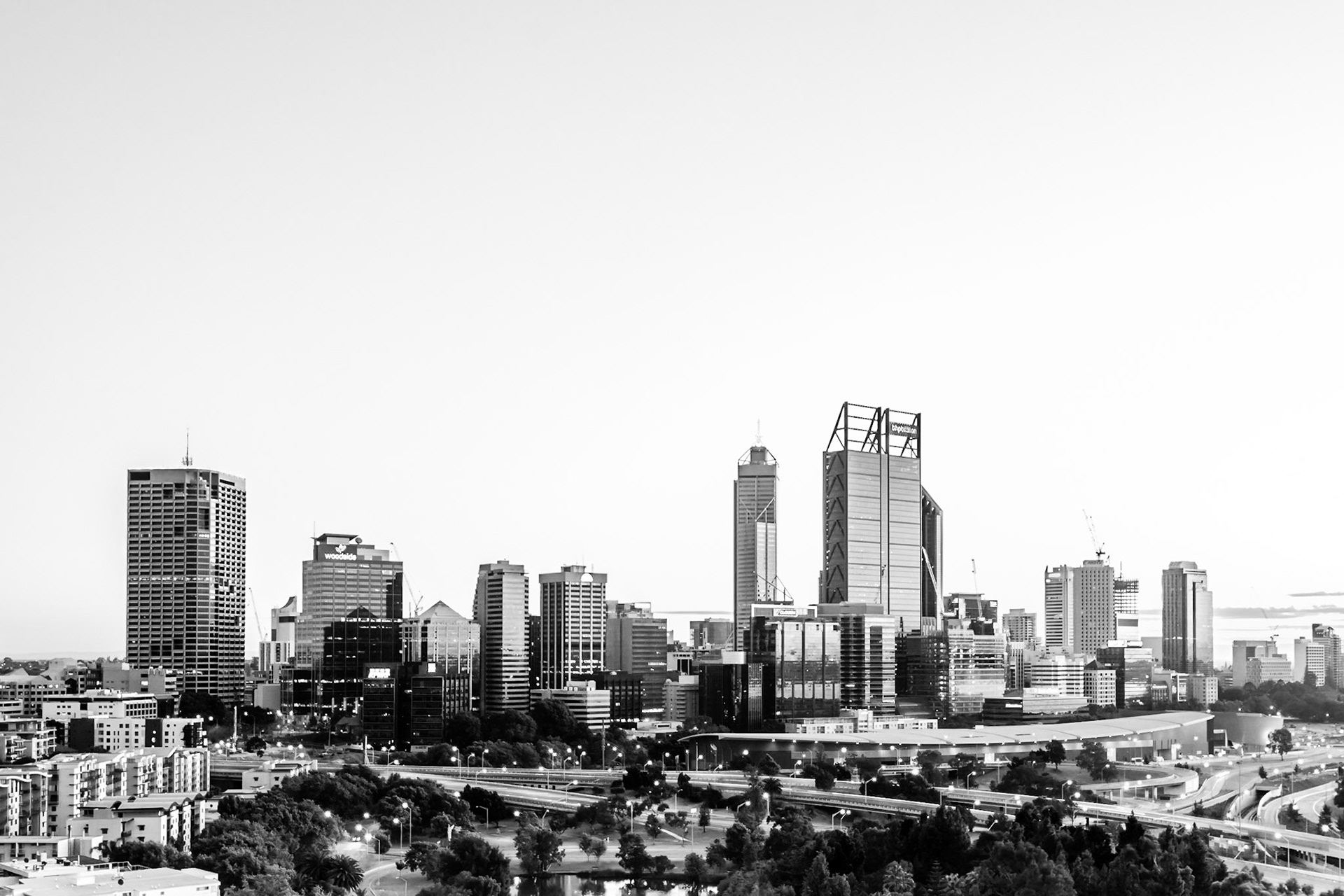 Sunrise in Perth. Focussing on the CBD and taken from Kings Park in the early morning. Concentrating on the buildings' details and converted to black and white.