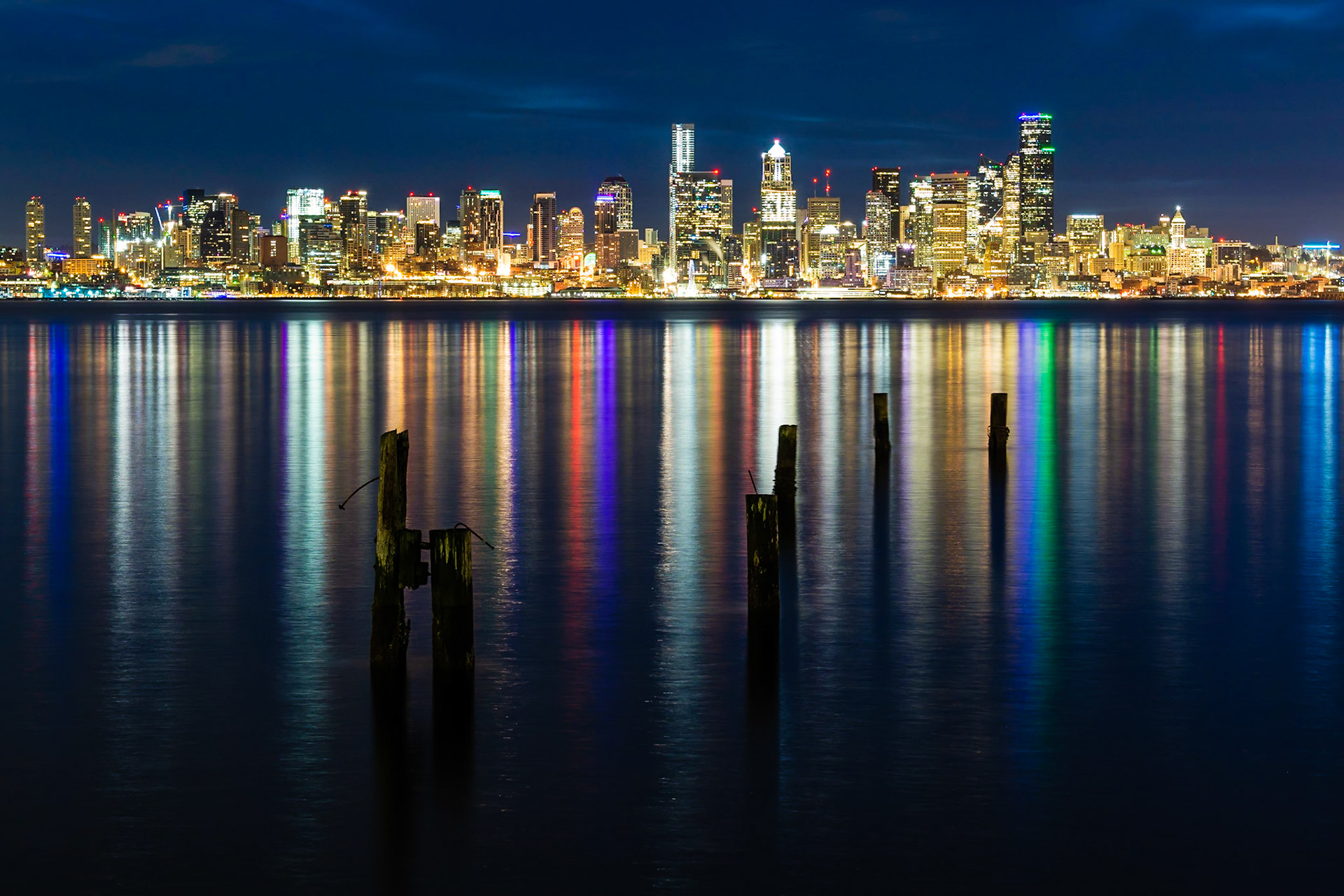 Sunrise in Seattle, Washington State, viewed from Seacrest Park across the bay to Downtown.