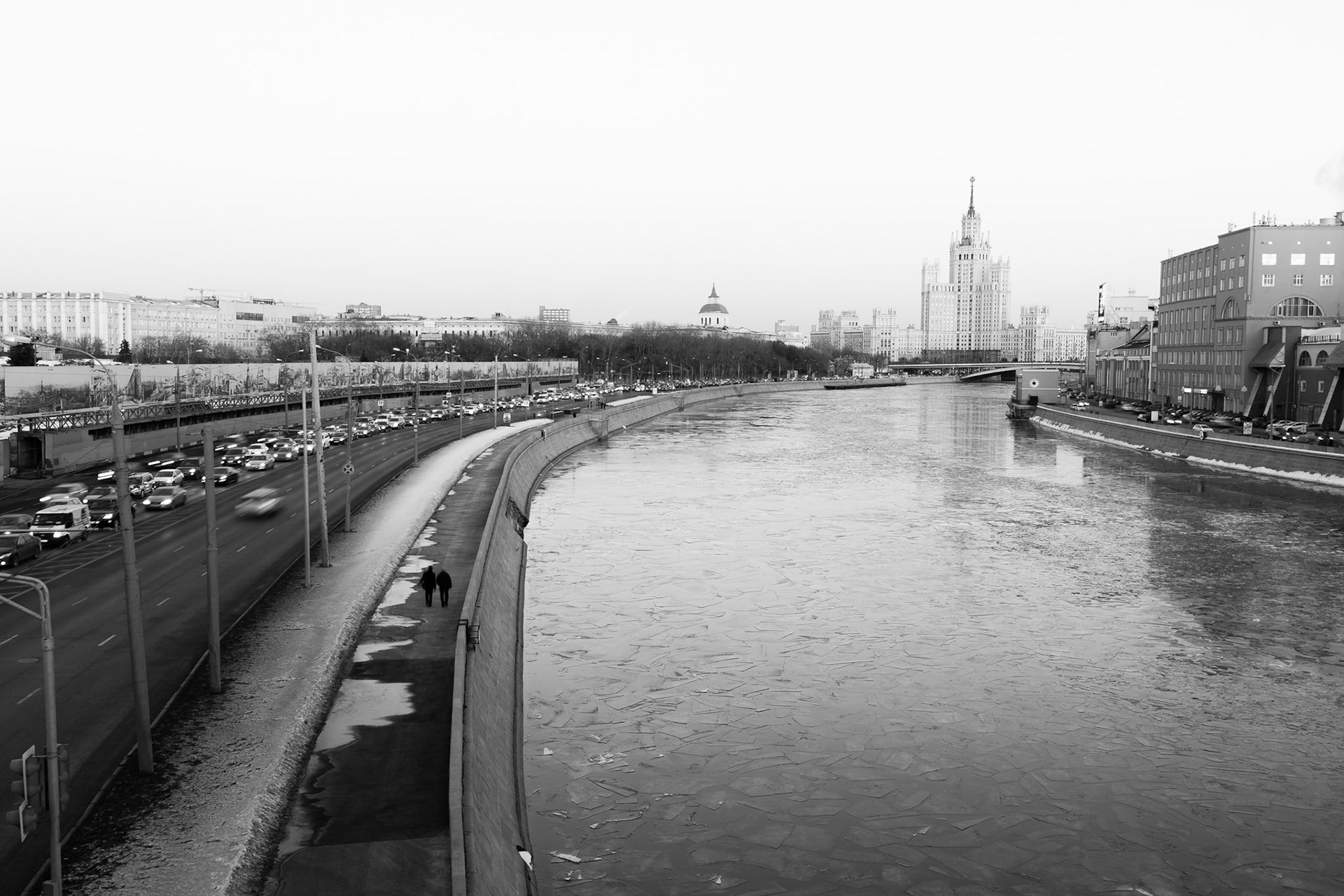 Looking along the Kotelnicheskaya Embankment, one of the 'Seven Sisters' Stalinist skyscrapers is imposing.