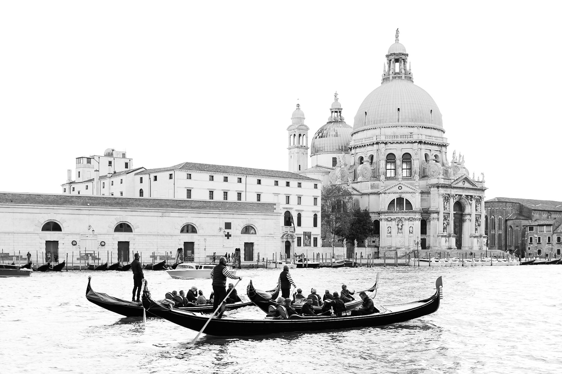 Three Venetian icons in one shot! The impressive 17th-century Basilica di Santa Maria della Salute, being passed by a pair of gondolas on the Grand Canal.
