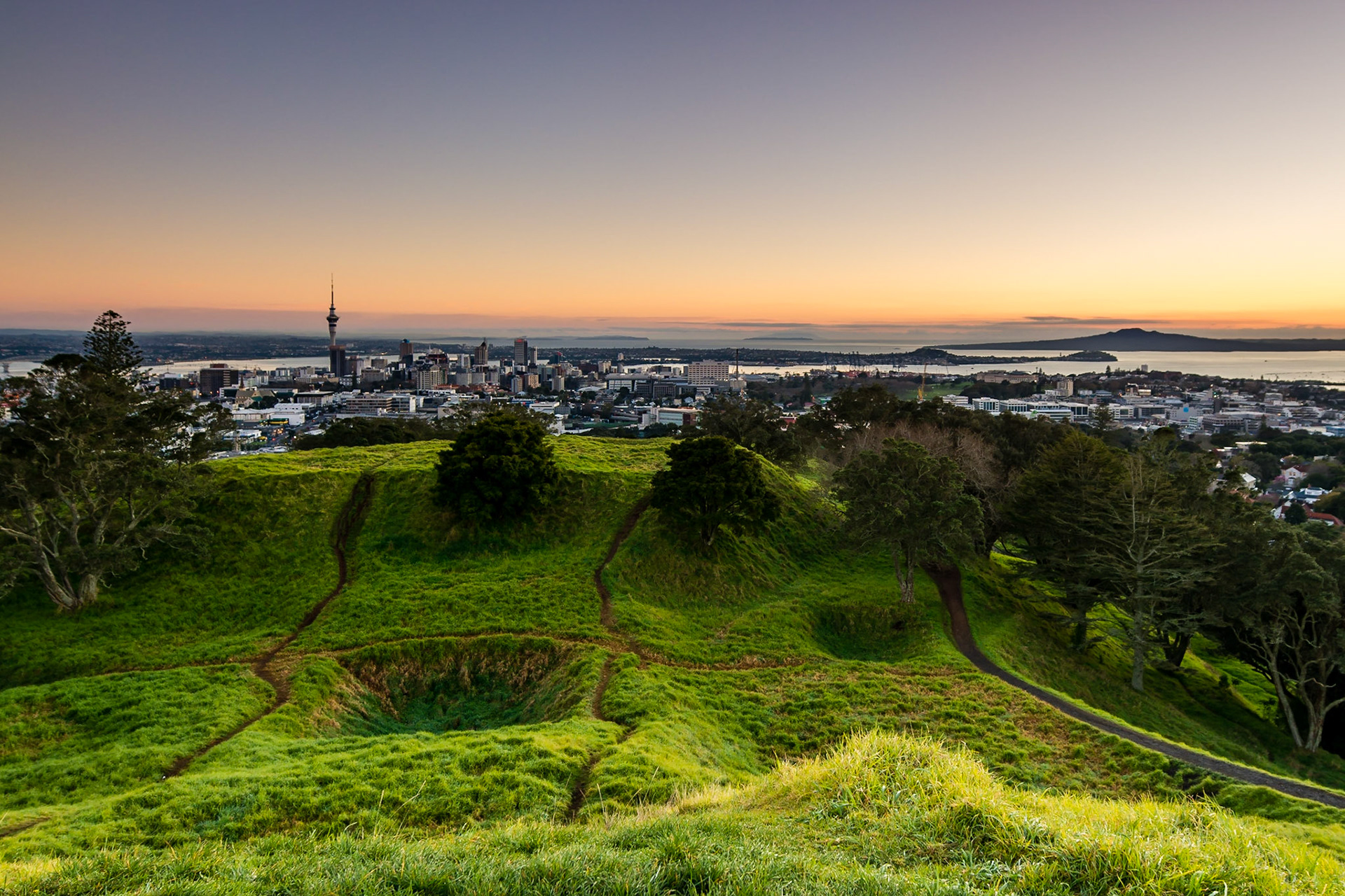 Mount Eden also has a lower platform. The view here looks from the city East towards Rangitoto Island and summit.