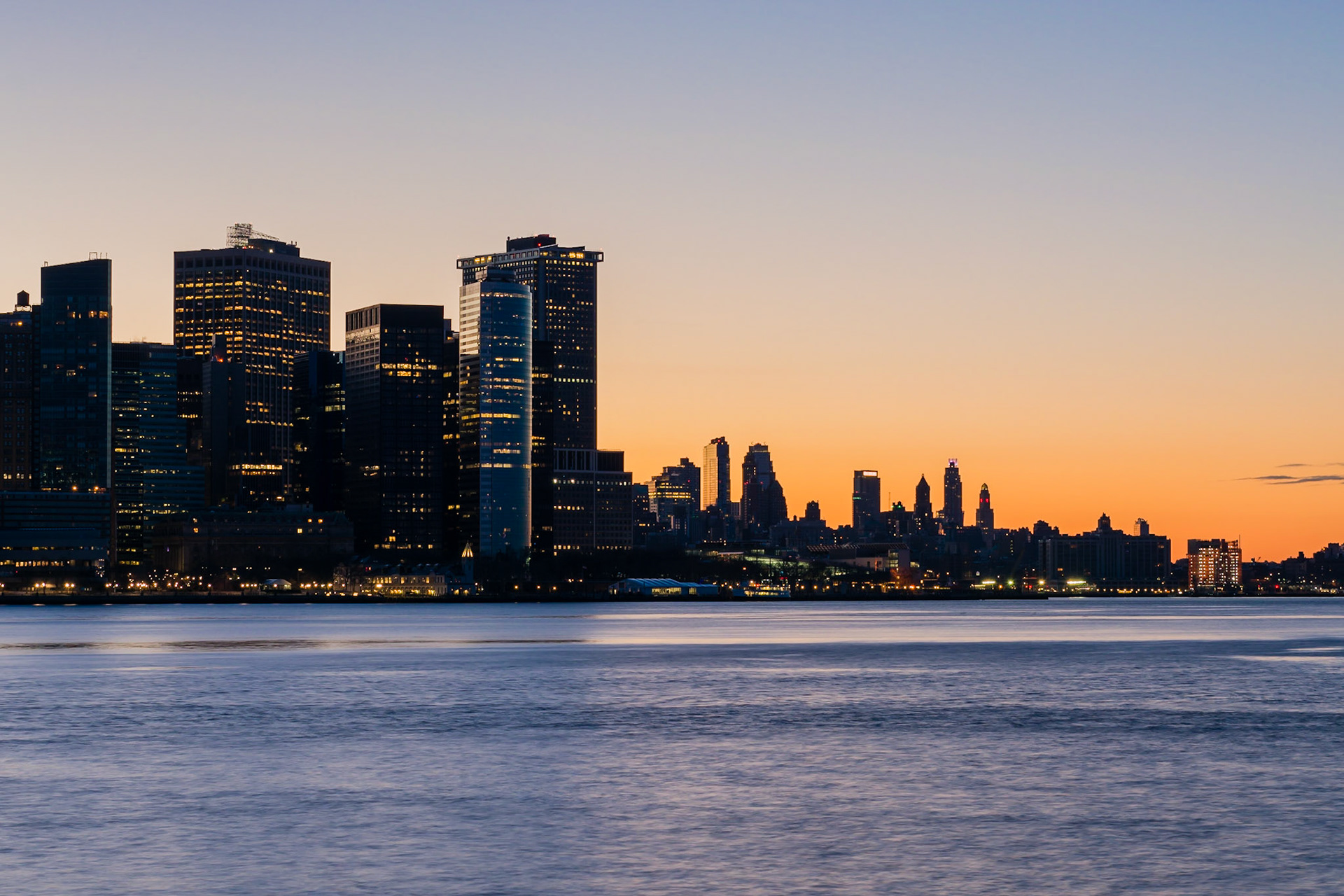 Sunrise over Manhattan, viewed from the Empty Sky Memorial in New Jersey.