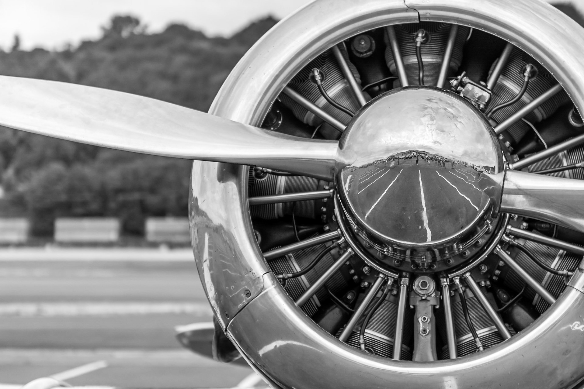 A detailed view of the  SNJ-4 Texan's polished propeller and radial engine.
