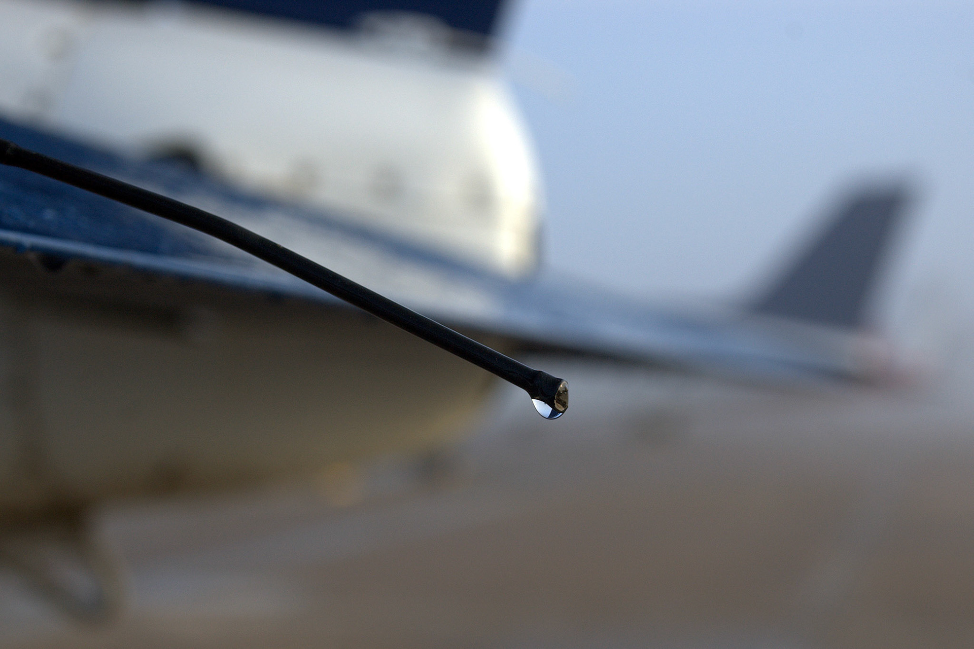 A droplet of water captured on the static wick of a Warrior. The wick discharges static electricity from the aircraft safely into the atmosphere
