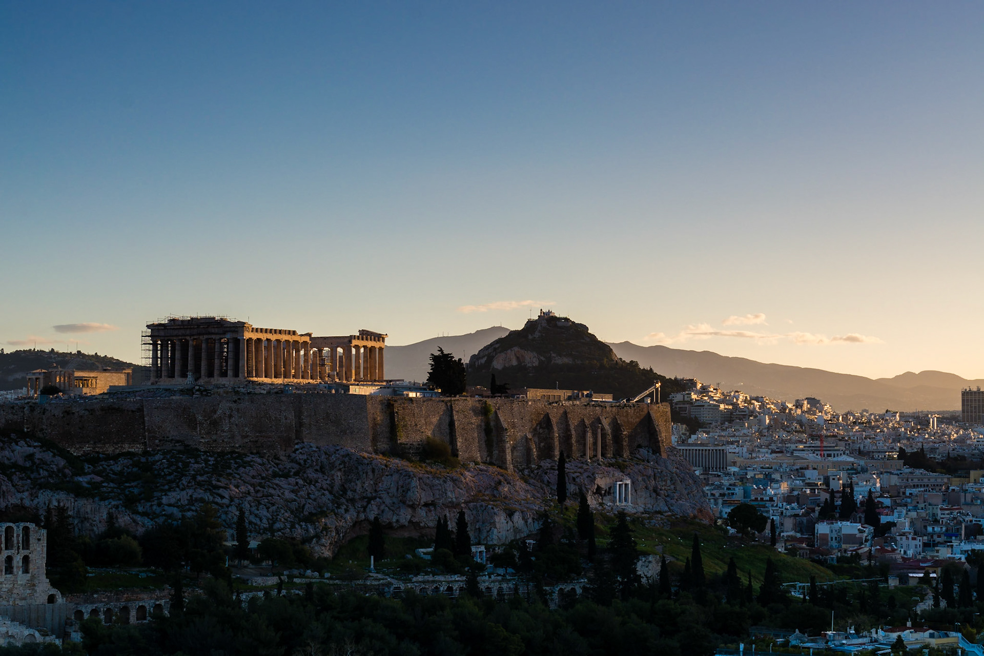 Sunrise over Athens, Greece, viewed from Philopappos Hill.