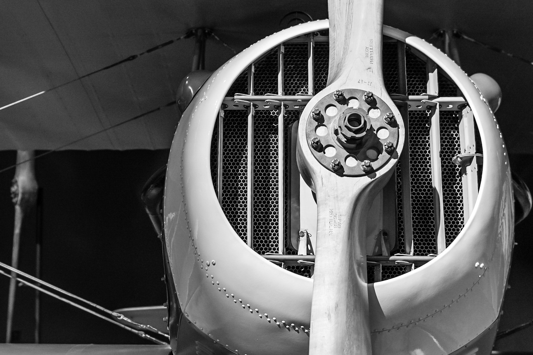 Detail of the Spad XIII's propeller and cowling in Seattles Museum of Flight.