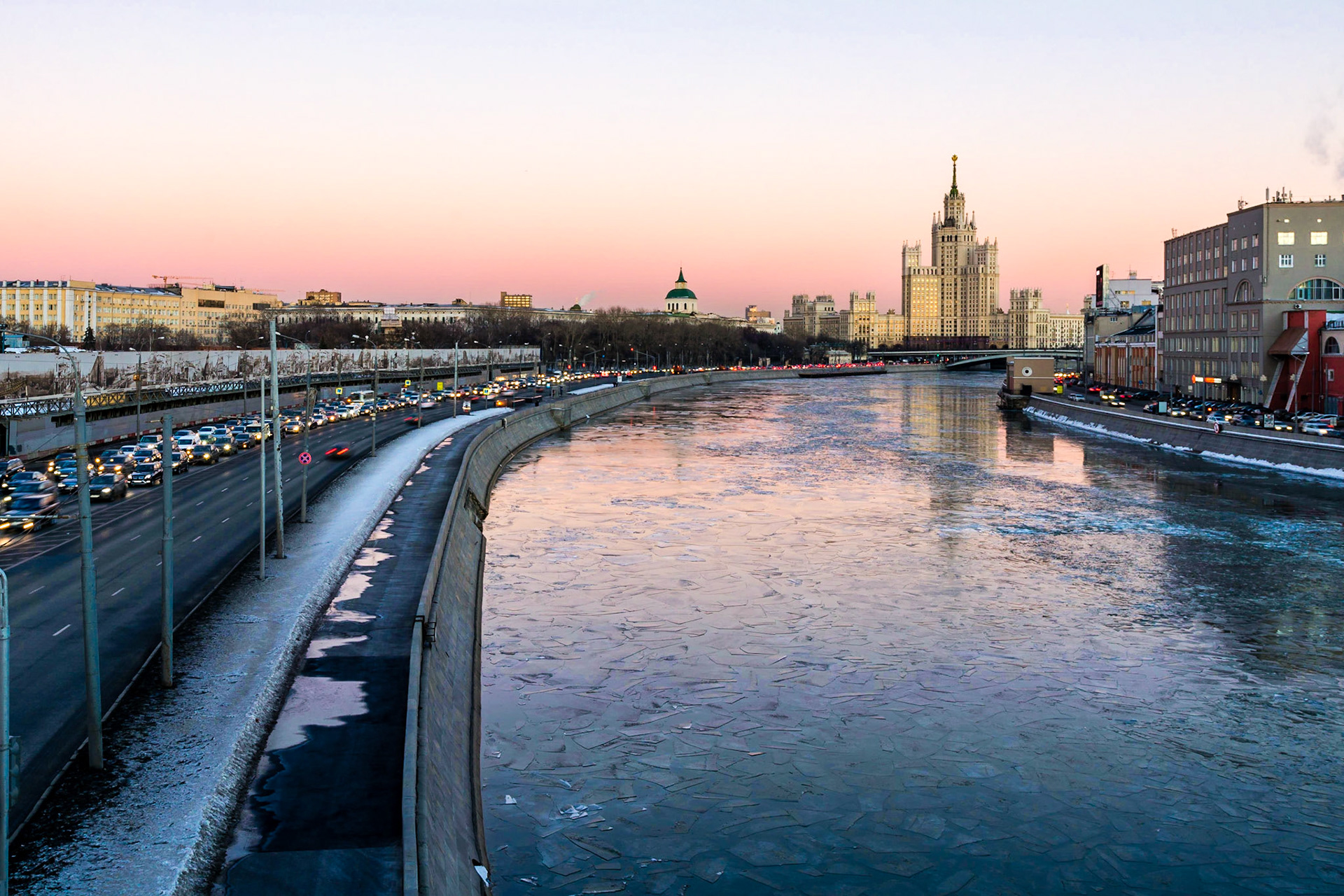 Looking along the Kotelnicheskaya Embankment, one of the 'Seven Sisters' Stalinist skyscrapers is imposing.