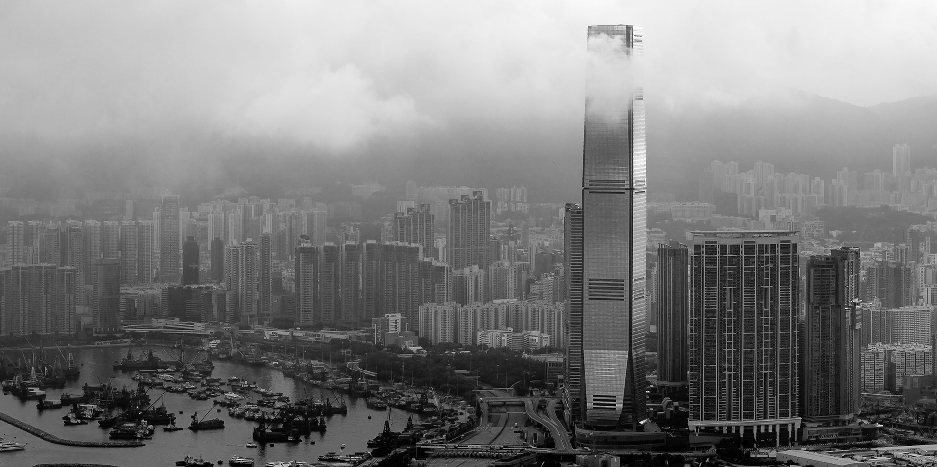 The view from Victoria Peak, over Victoria Harbour to the International Commerce Centre in Hong Kong.