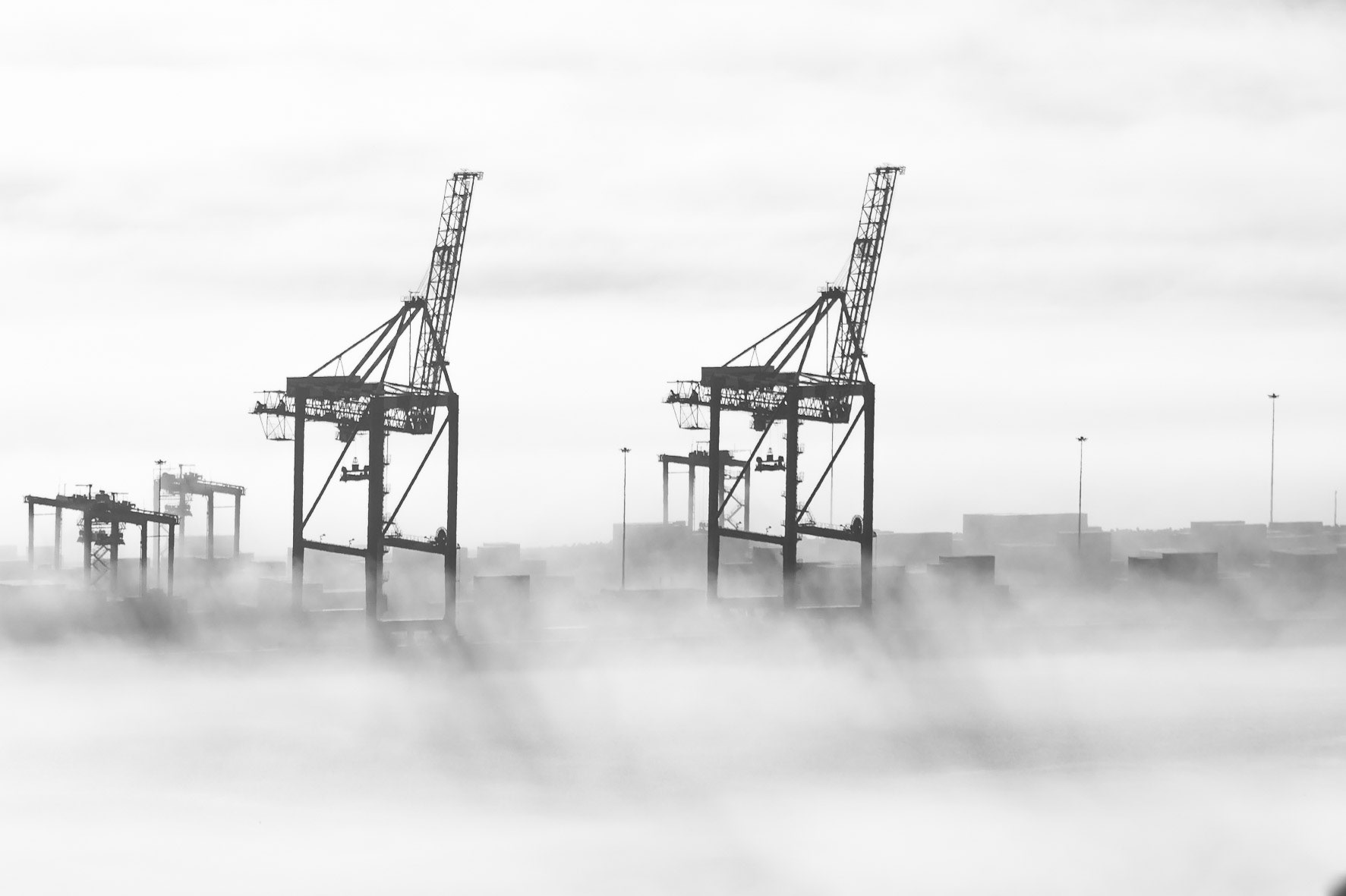 Long shadows from the cranes of Cape Town Port form on the low-lying fog.