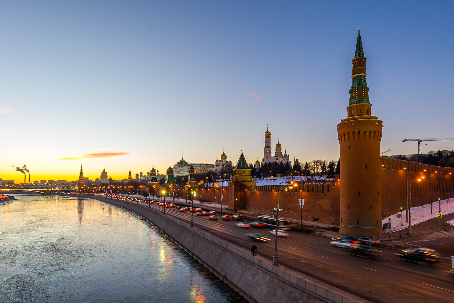 One of the massive towers which line the Kremlin, overlooking the Moskva River at sunset.