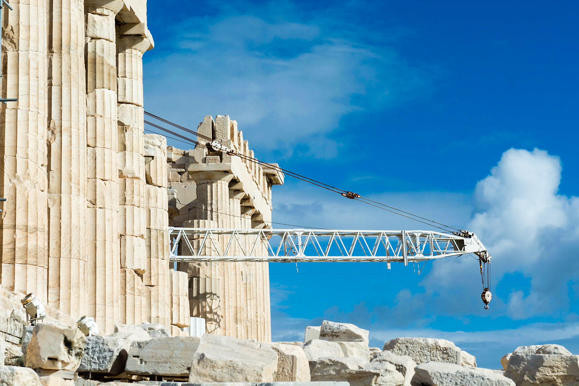 The Parthenon is a former temple dedicated to the Goddess Athena.  It is currently undergoing a programme of selective restoration and reconstruction in order to ensure the stability of the partially ruined structure.