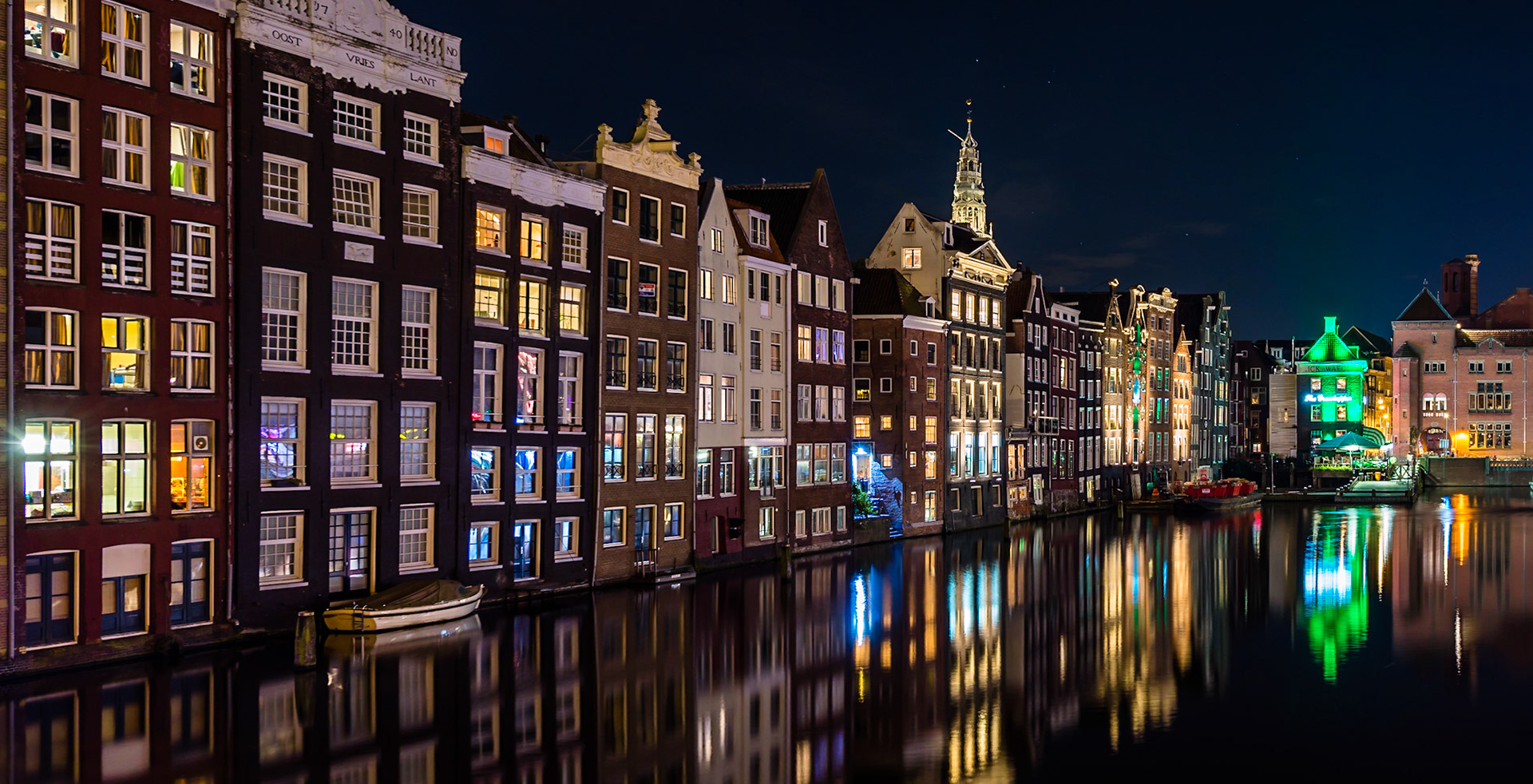 The Rederij Plas dock after sunset in Amsterdam.