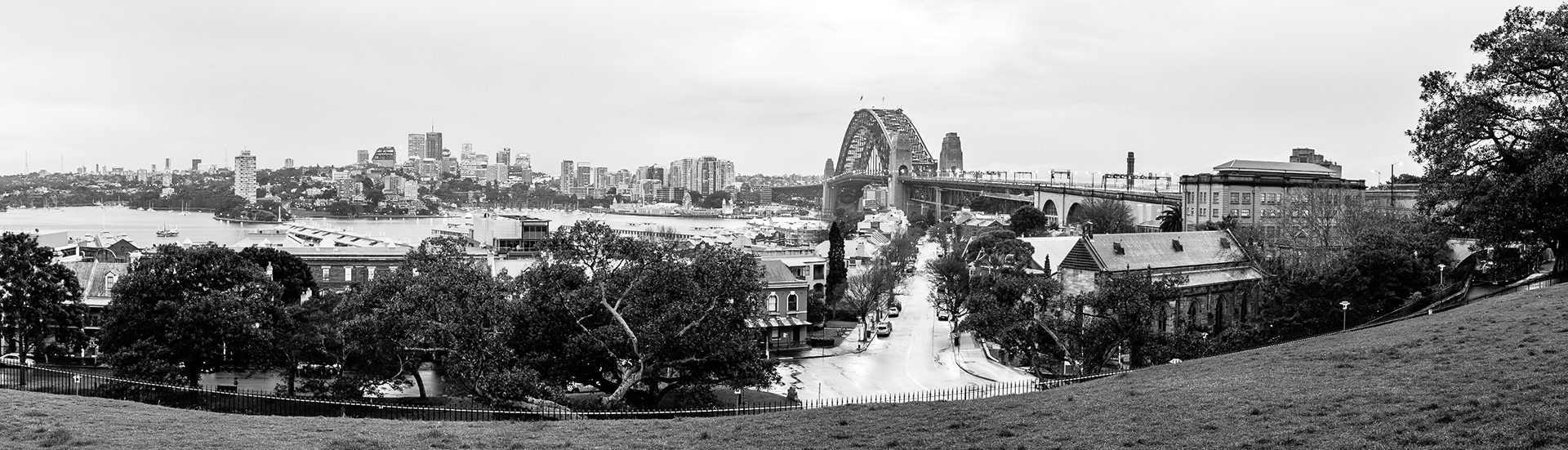 This panorama encompasses the Harbour Bridge, North Sydney, Dawes Point and Walsh Bay
