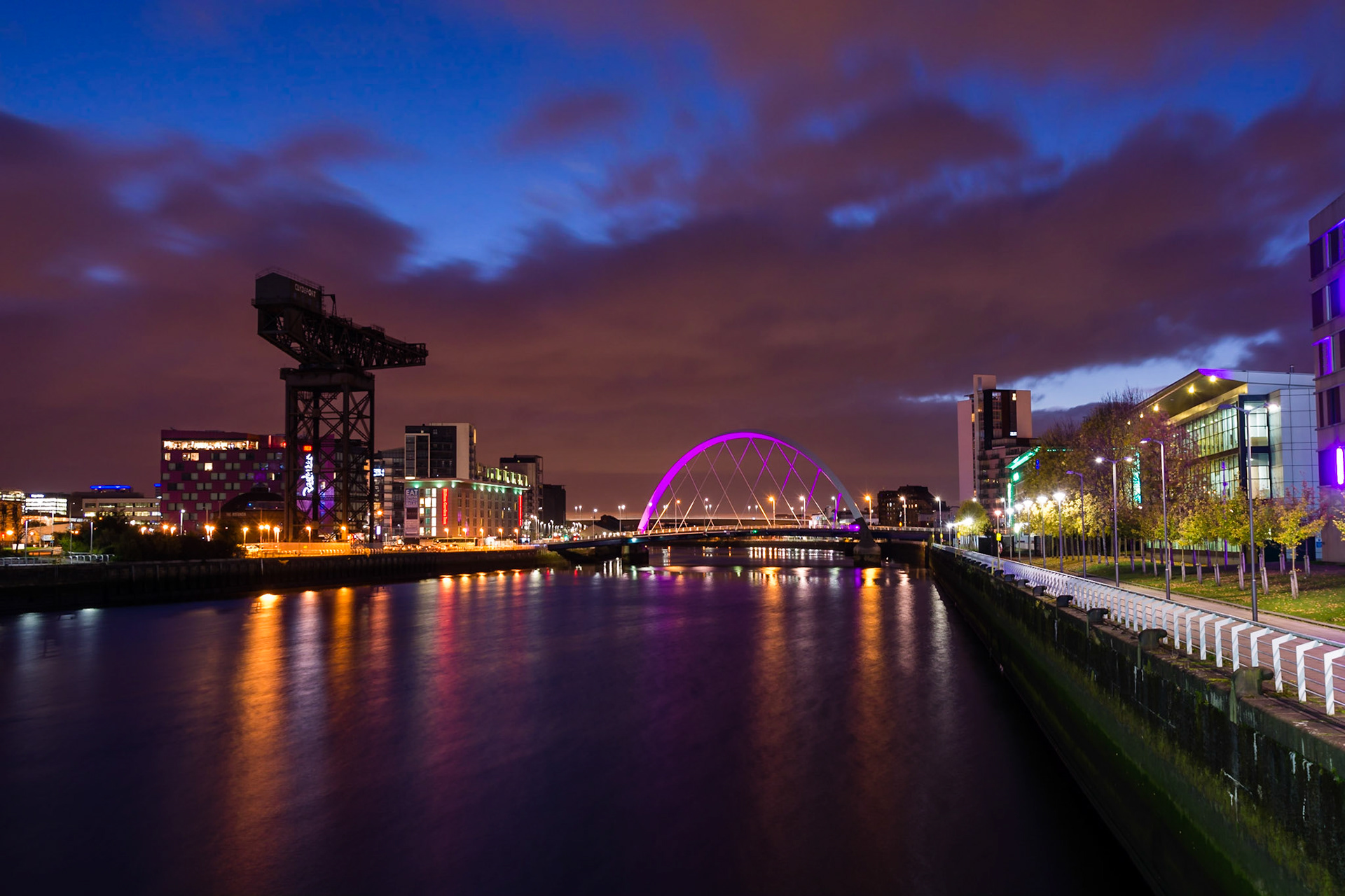 Sunrise on the River Clyde, featuring the Glasgow skyline, FInneston Crane and Clyde Arc.