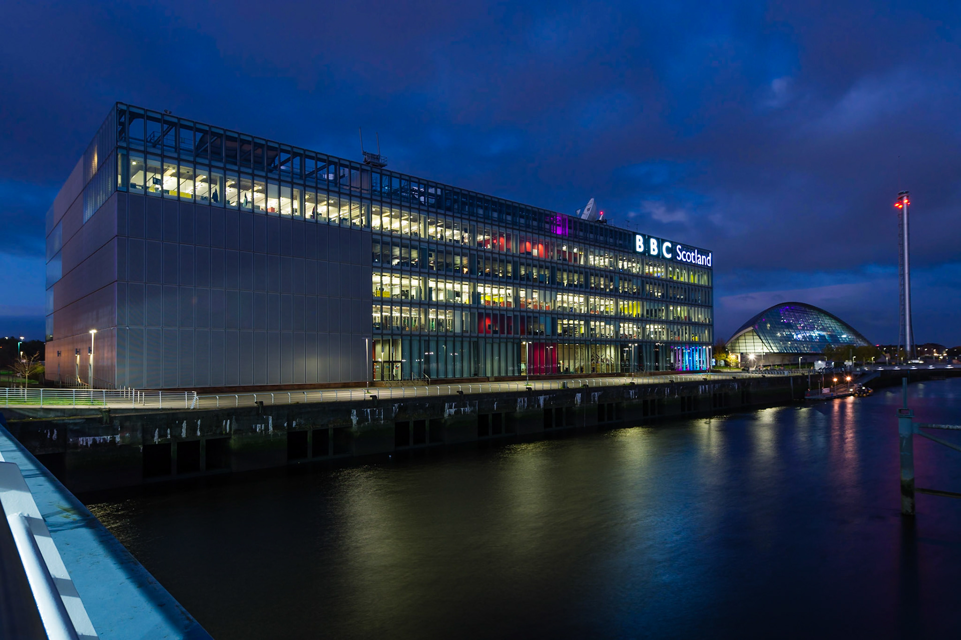 GLASGOW, SCOTLAND - OCTOBER 21, 2018: The BBC Scotland headquarters, studios and Glasgow Science Centre on the banks of the River Clyde, Glasgow.