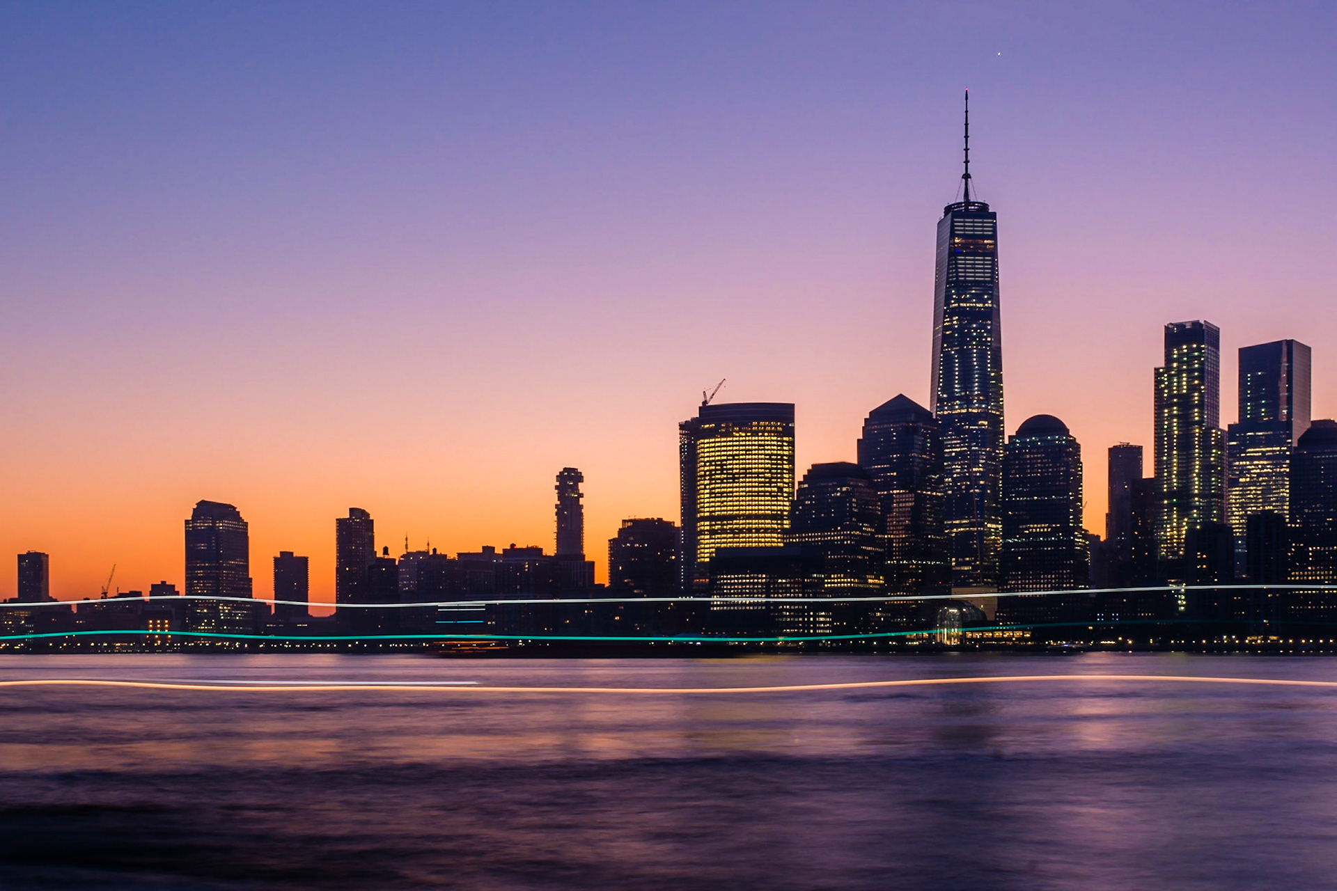 Sunrise over Manhattan, viewed from the Paulus Hook Jetty in New Jersey.