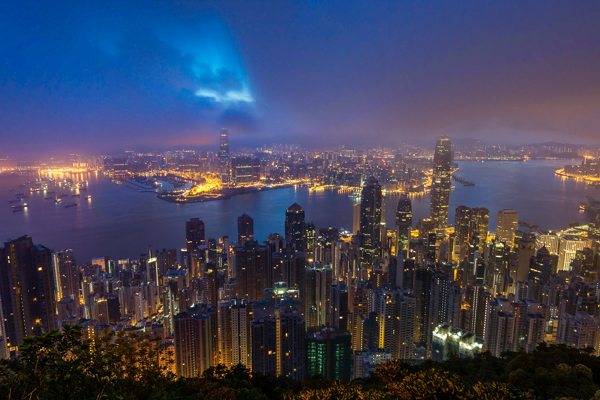 The view of Hong Kong from Victoria Peak just before sunrise.