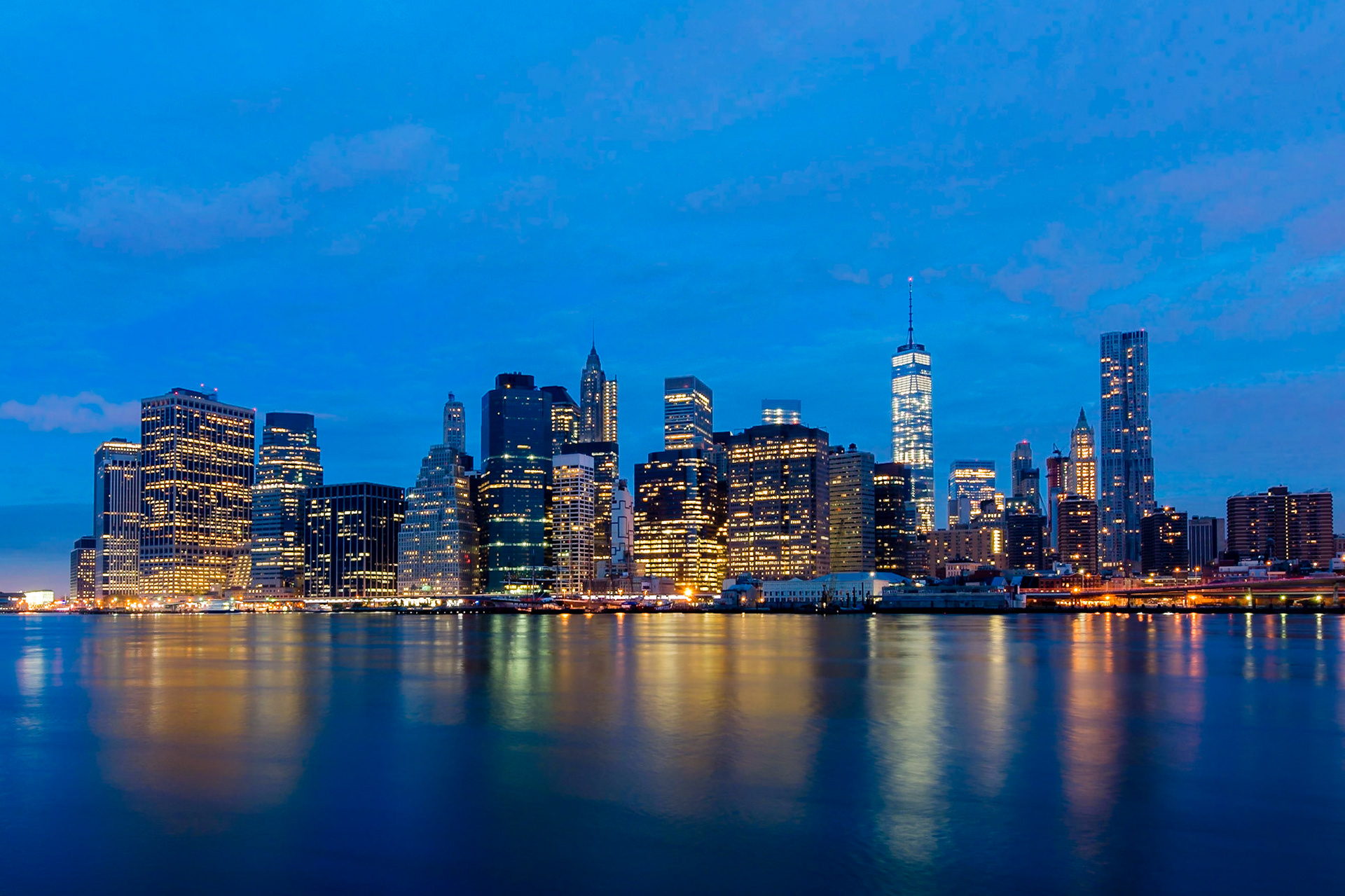 Shortly before sunrise, the scene was a fantastic blue colour, contrasting with the golden office lights.