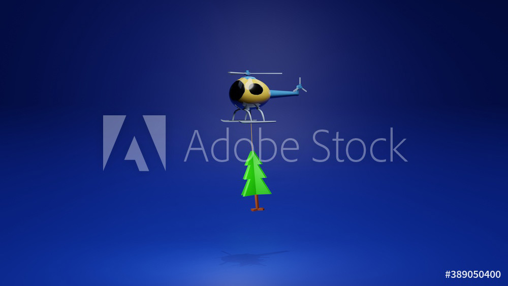 Toy helicopter delivering Christmas tree