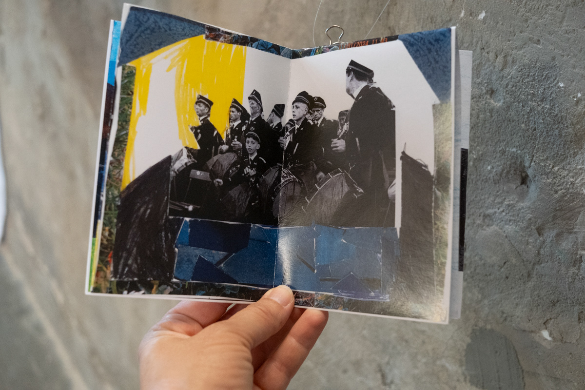 Photo montage and drawing of a double page of one booklet