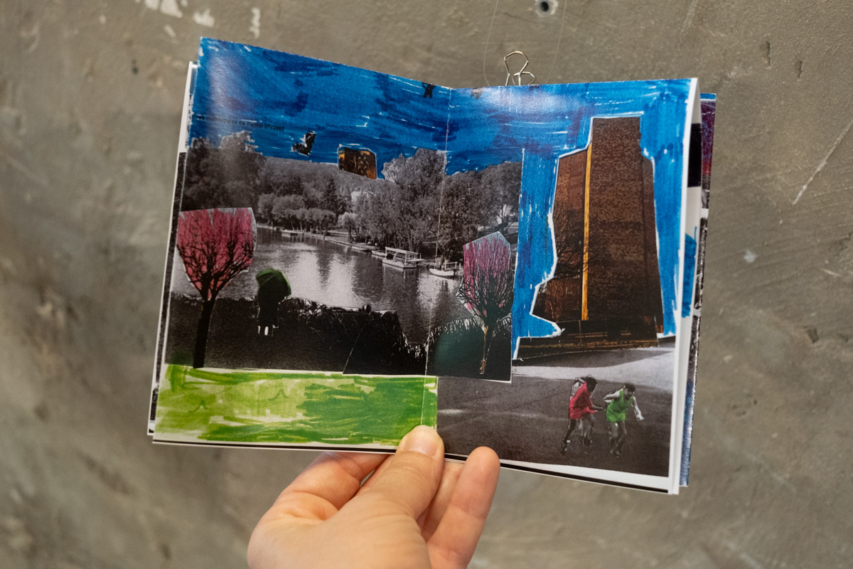 Photo montage and drawing of a double page of one booklet