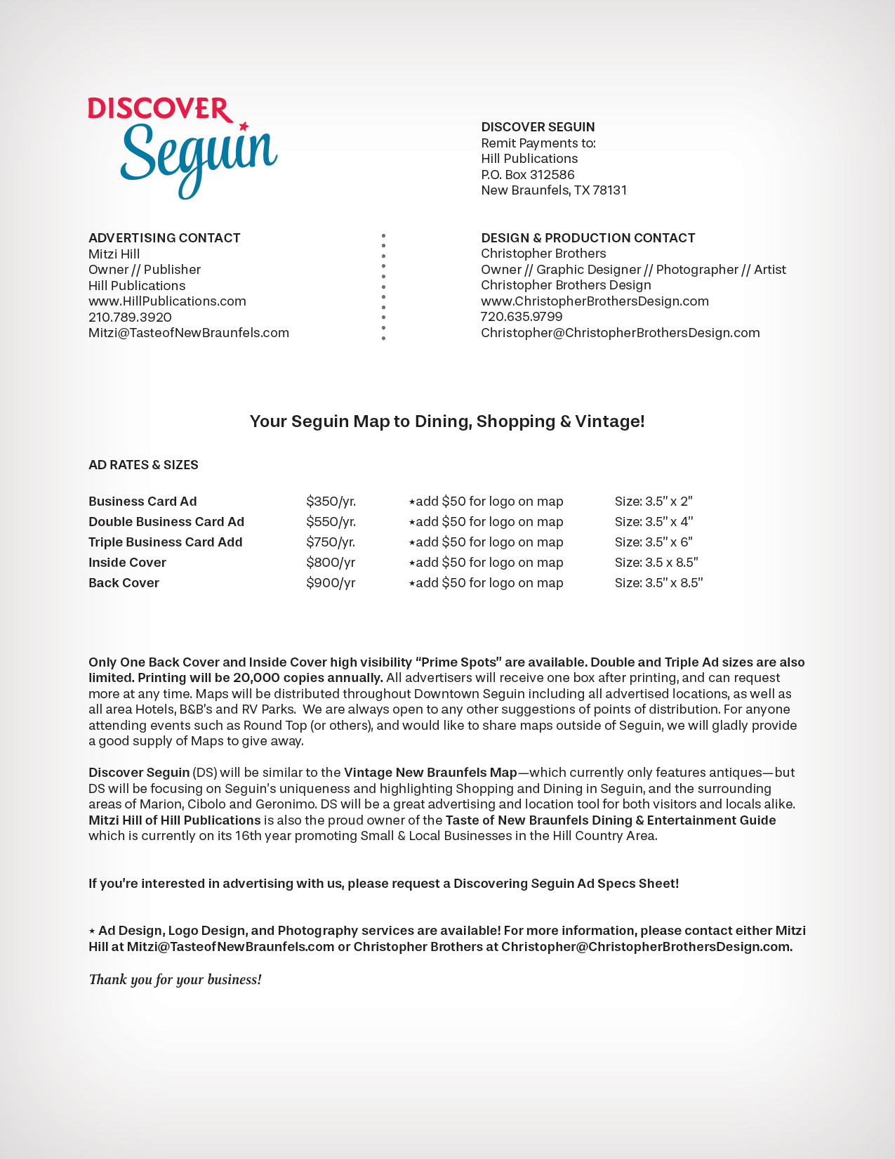 Discover Seguin • Client Info / Ad Specs