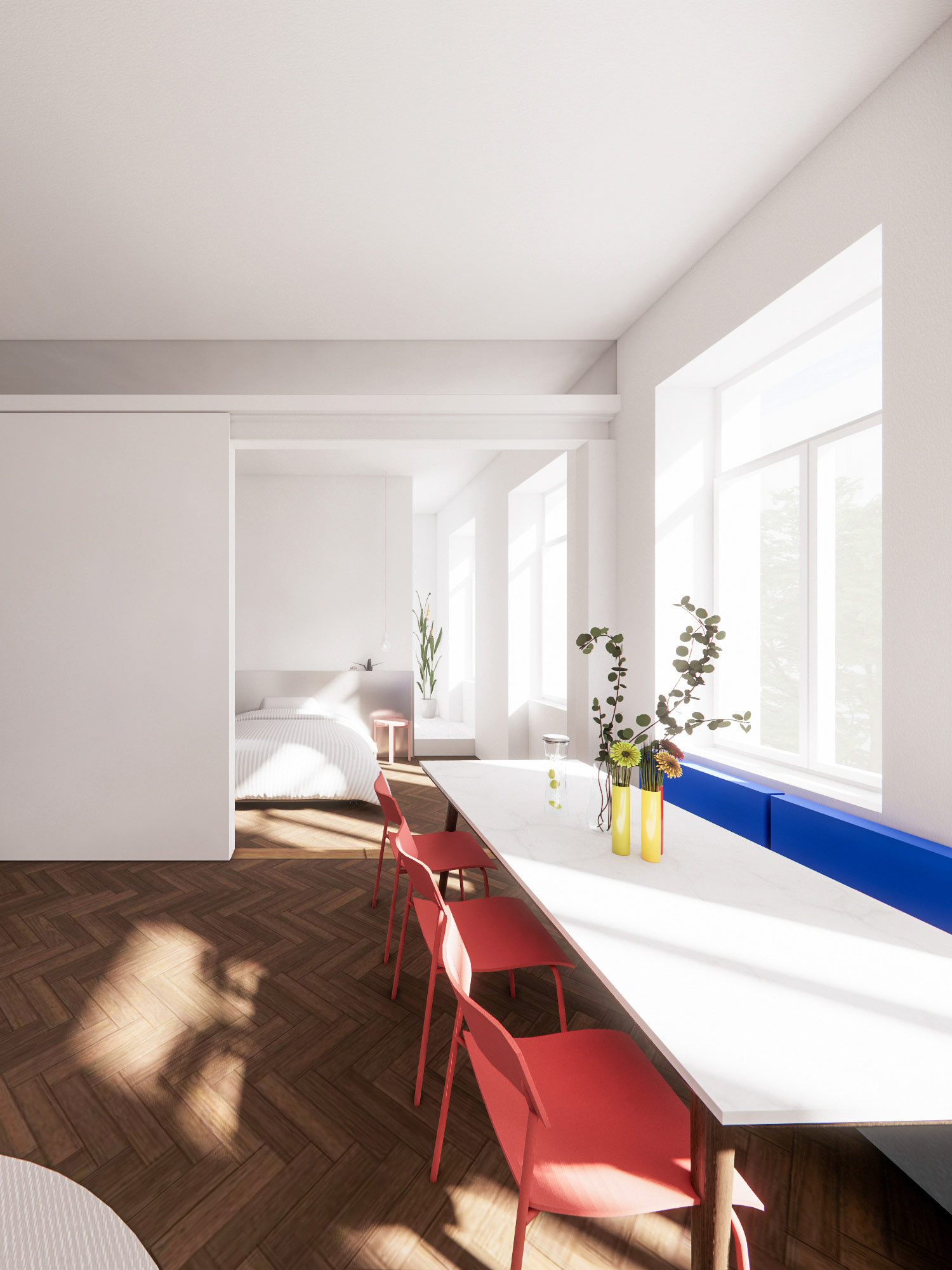 Visualisierung vom Wohnzimmer mit Blick ins Schlafzimmer