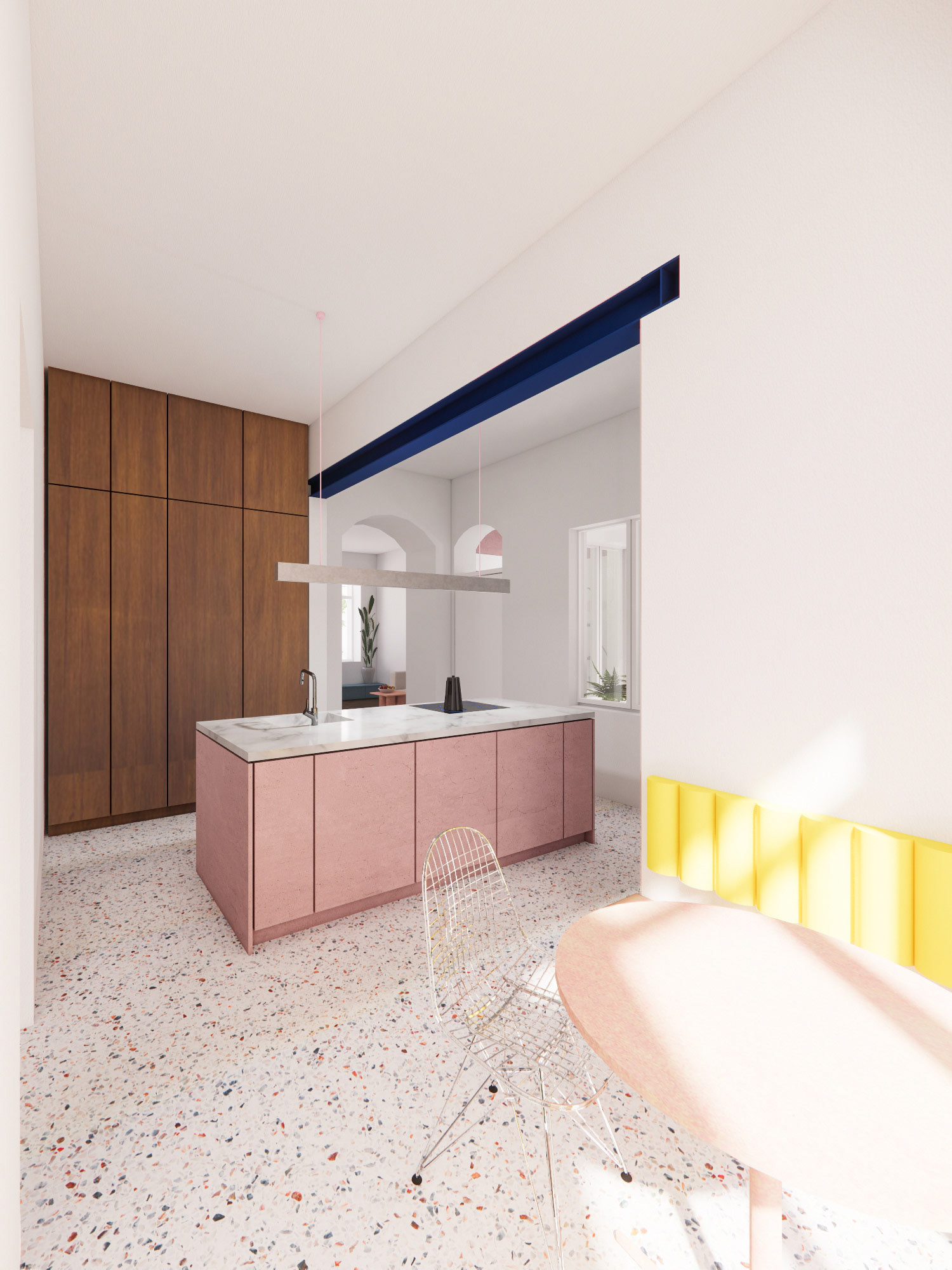 Visualisierung der Küche mit Blick ins Wohnzimmer