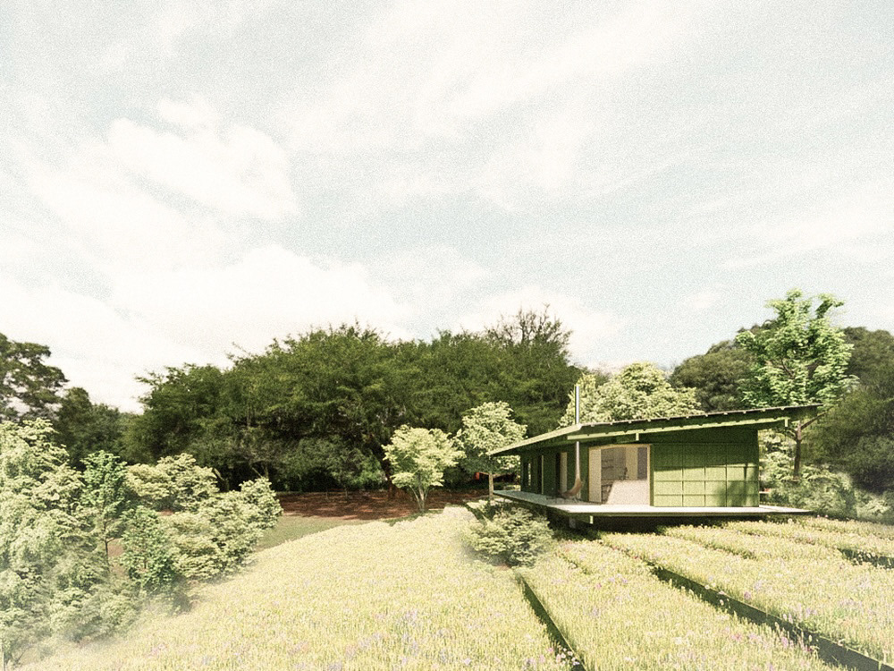 Das Bild zeigt eine Visualisierung von einem in die grüne Umgebung eingebettetem Sommerhaus