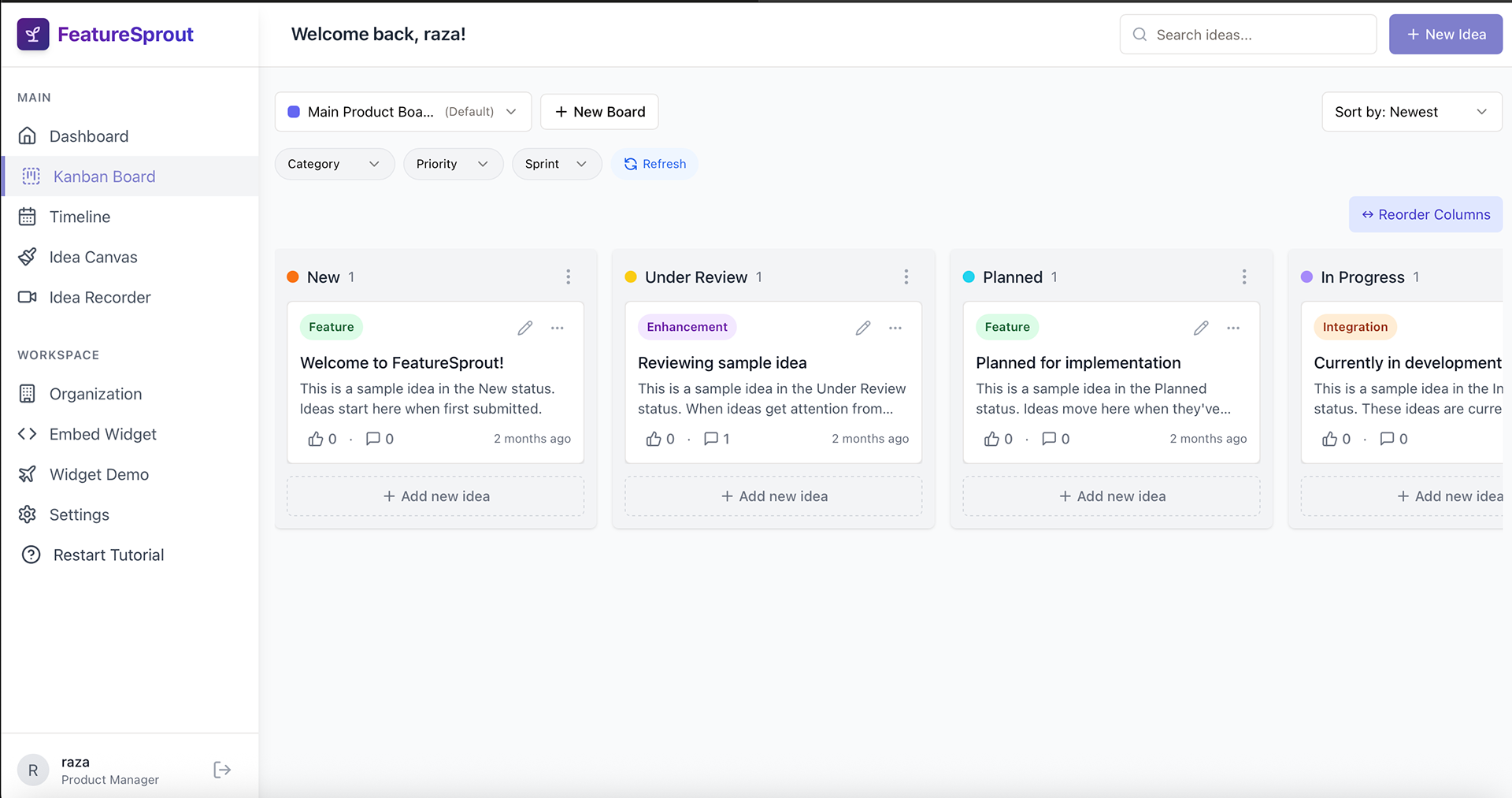 Kanban board for customers and product managers to interact over ideas