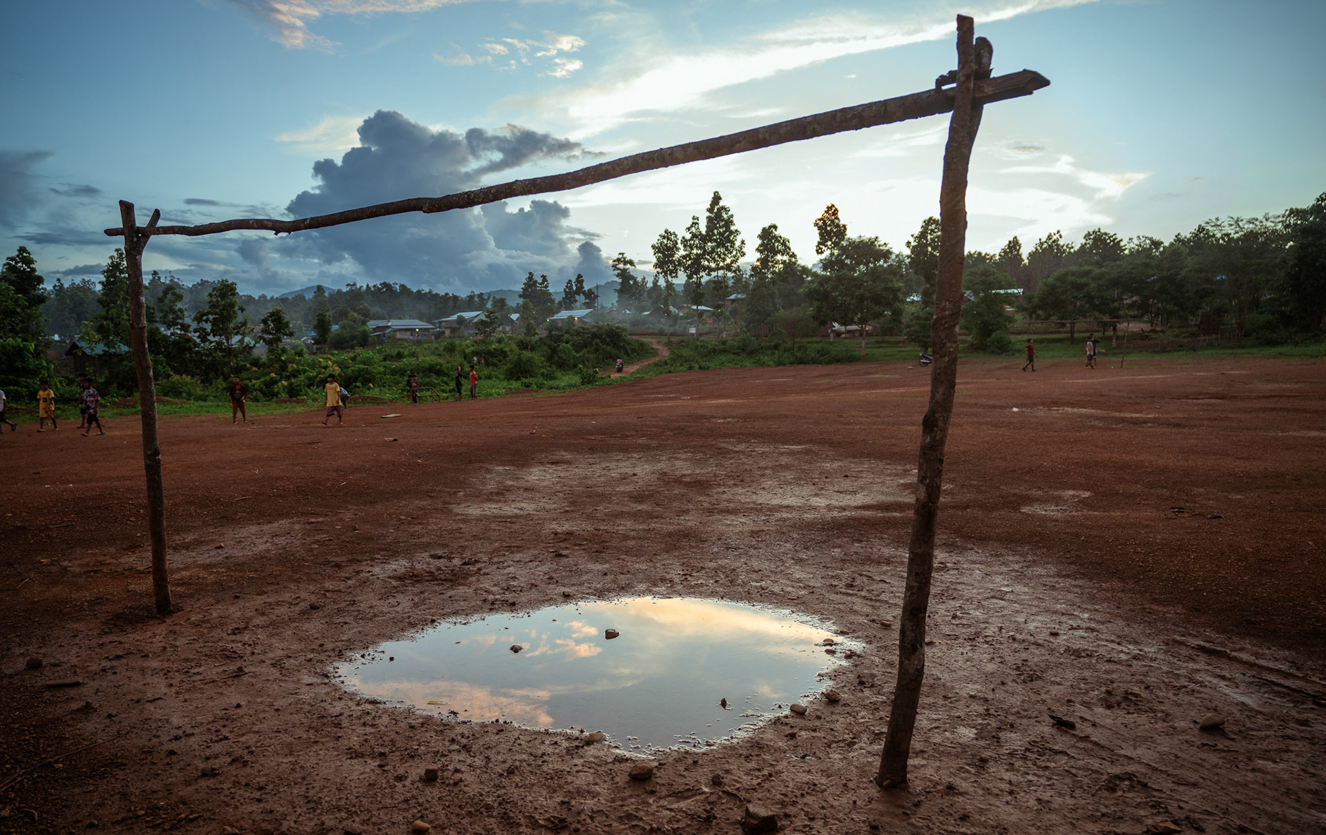 An open ground used as a football field near the refugee village in Moreh, Manipur.