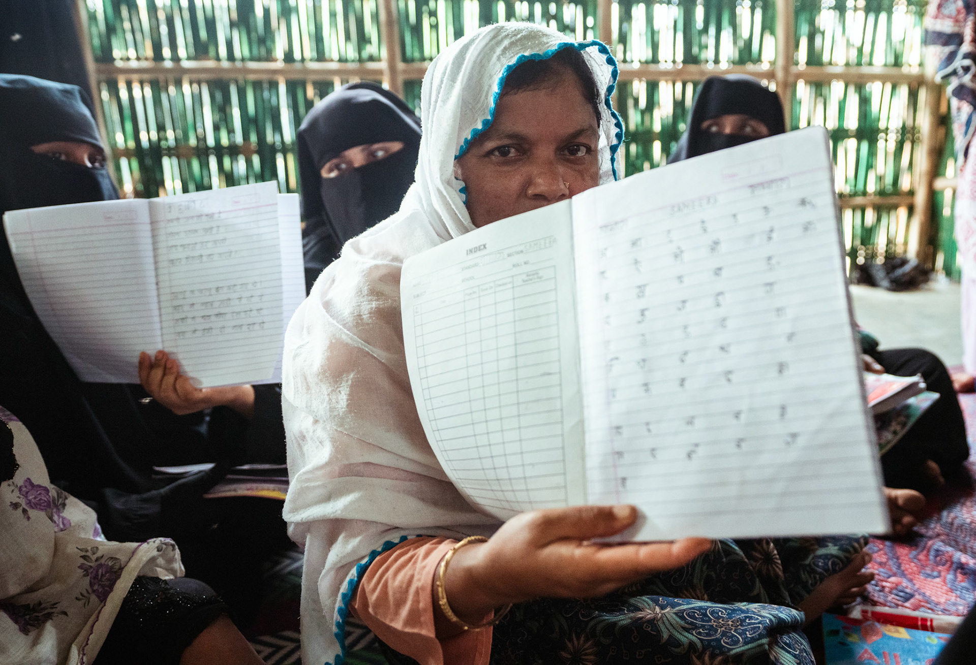 Rohingya refugee women studying in Mewat, Haryana, at a language learning centre organised by members of Catholic Relief Services (CRS).