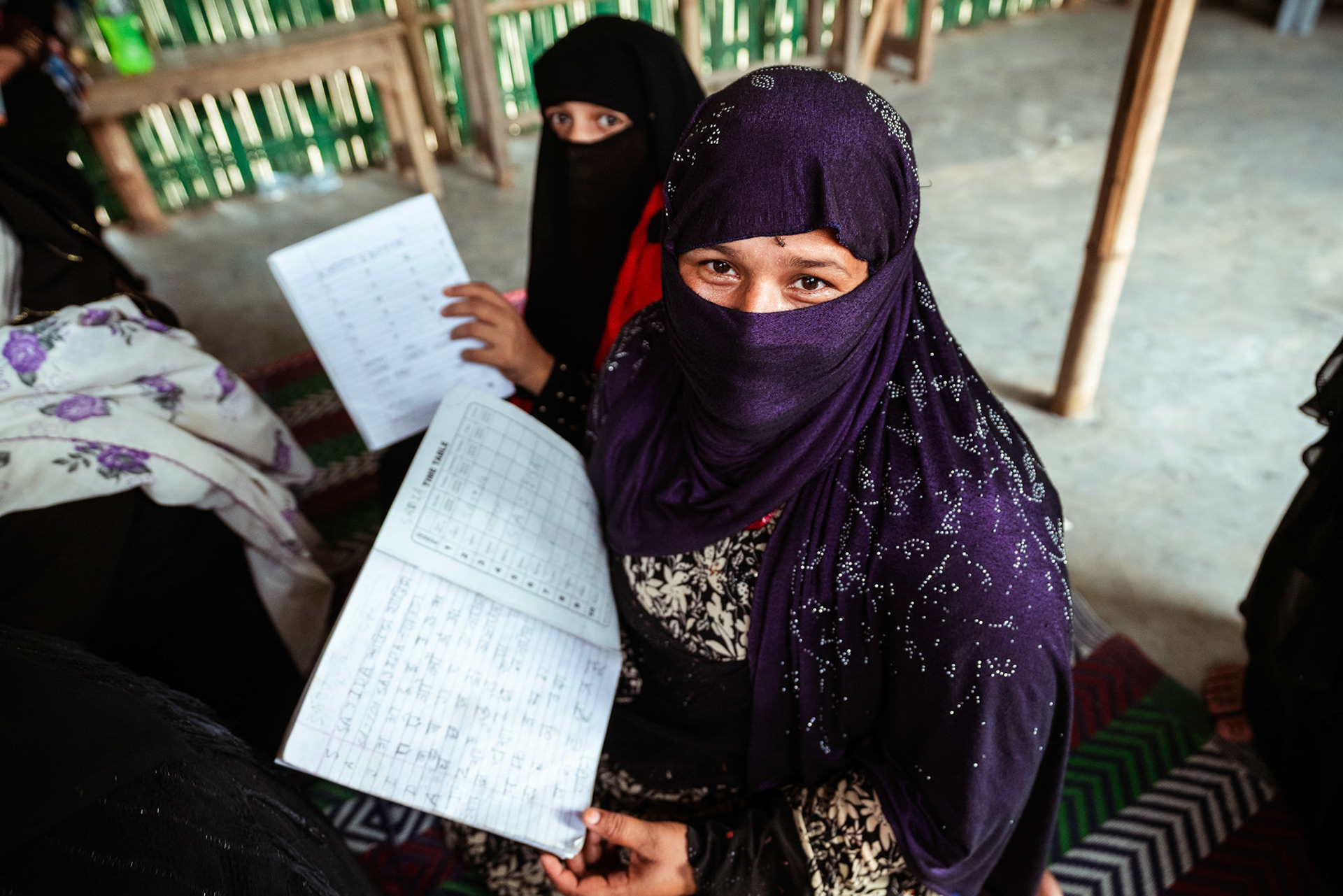 Rohingya refugee women studying in Mewat, Haryana, at a language learning centre organised by members of Catholic Relief Services (CRS).
