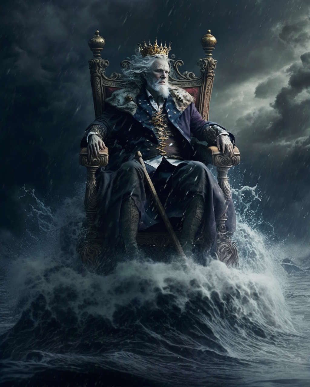 AI-generated image of a sad king on an ocean throne