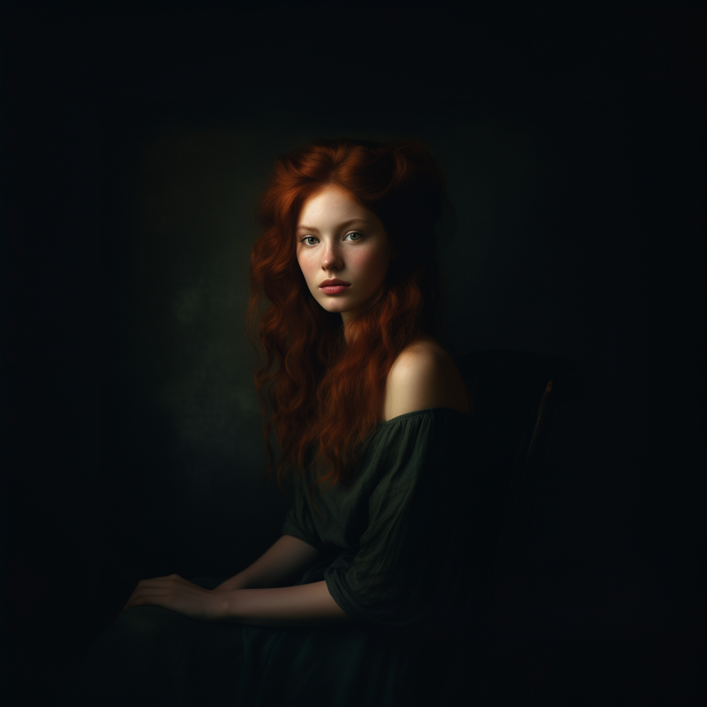 AI-generated image of a woman sat for a low key portrait
