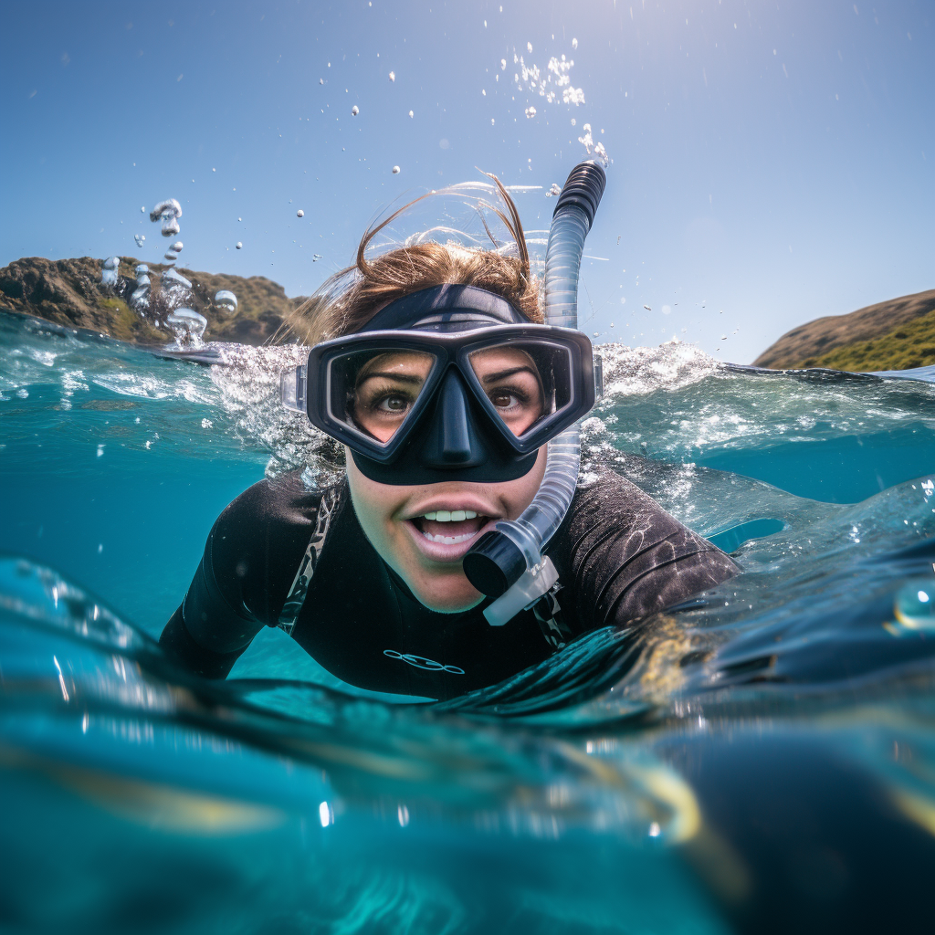 AI-generated image of a woman snorkeling underwater but the snorkel does not look correct and she is blowing bubbles in the air