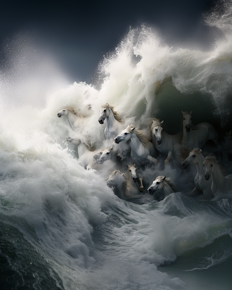 AI-generated image of horses in ocean waves