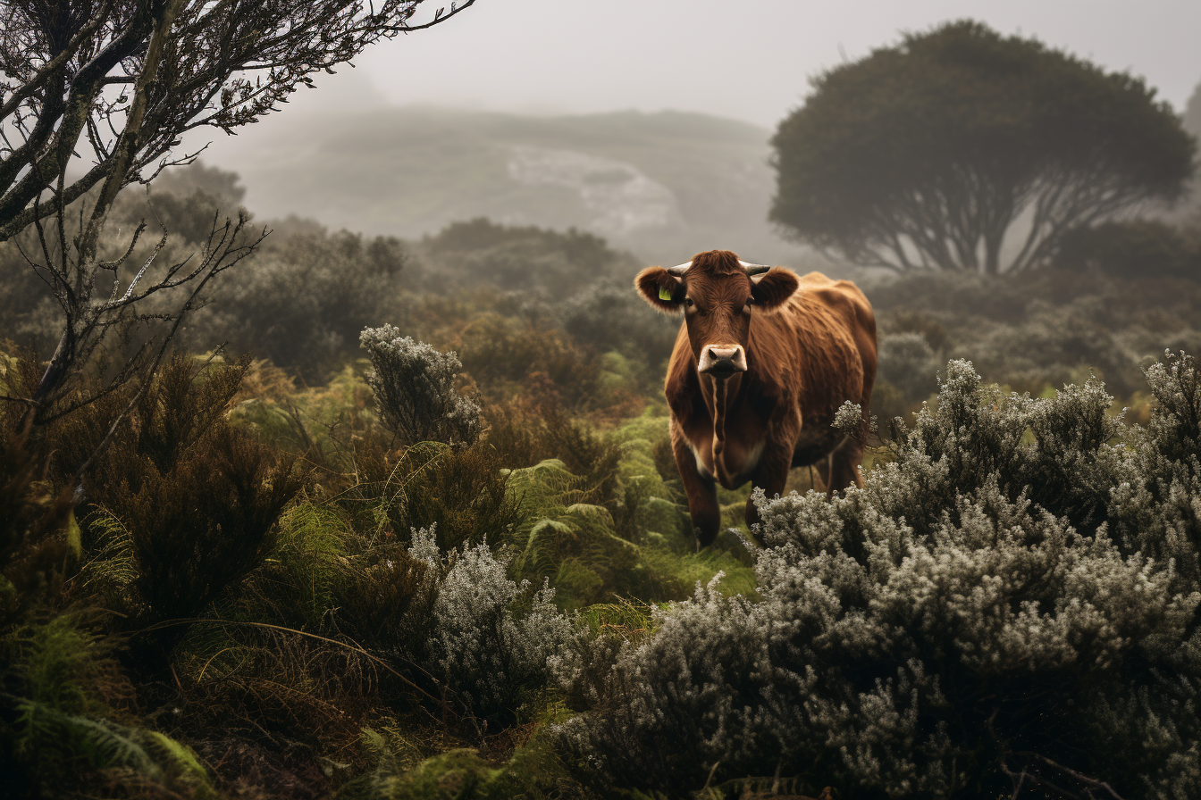 AI-generated image of a brown cow in moorland