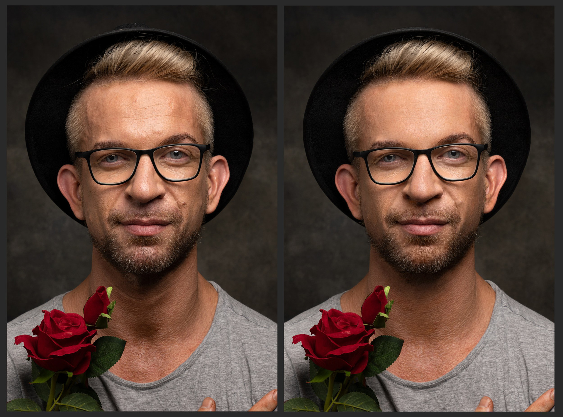 Portrait of a young man wearing a hat and holding a rose, before and after photo edit and retouch