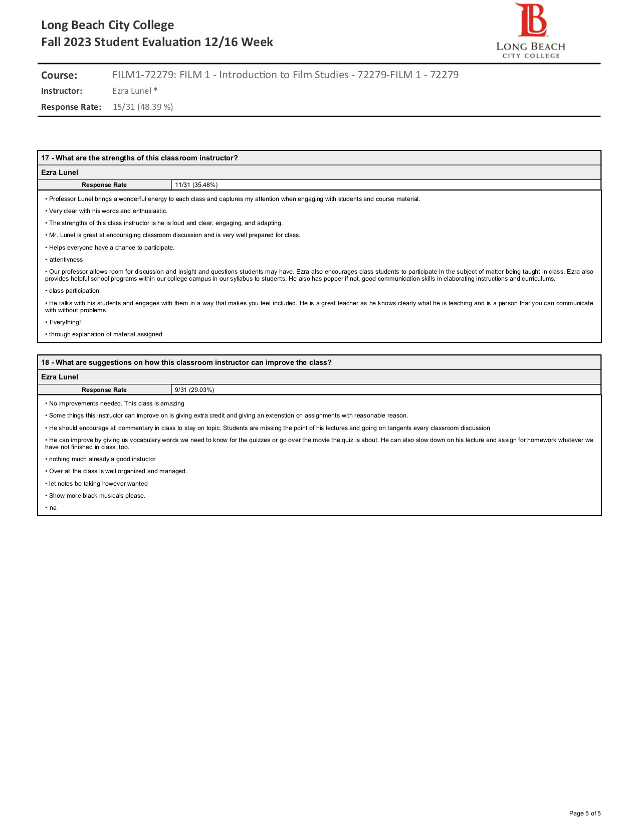 FILM 1 (72279) Introduction to Film Studies - Comments