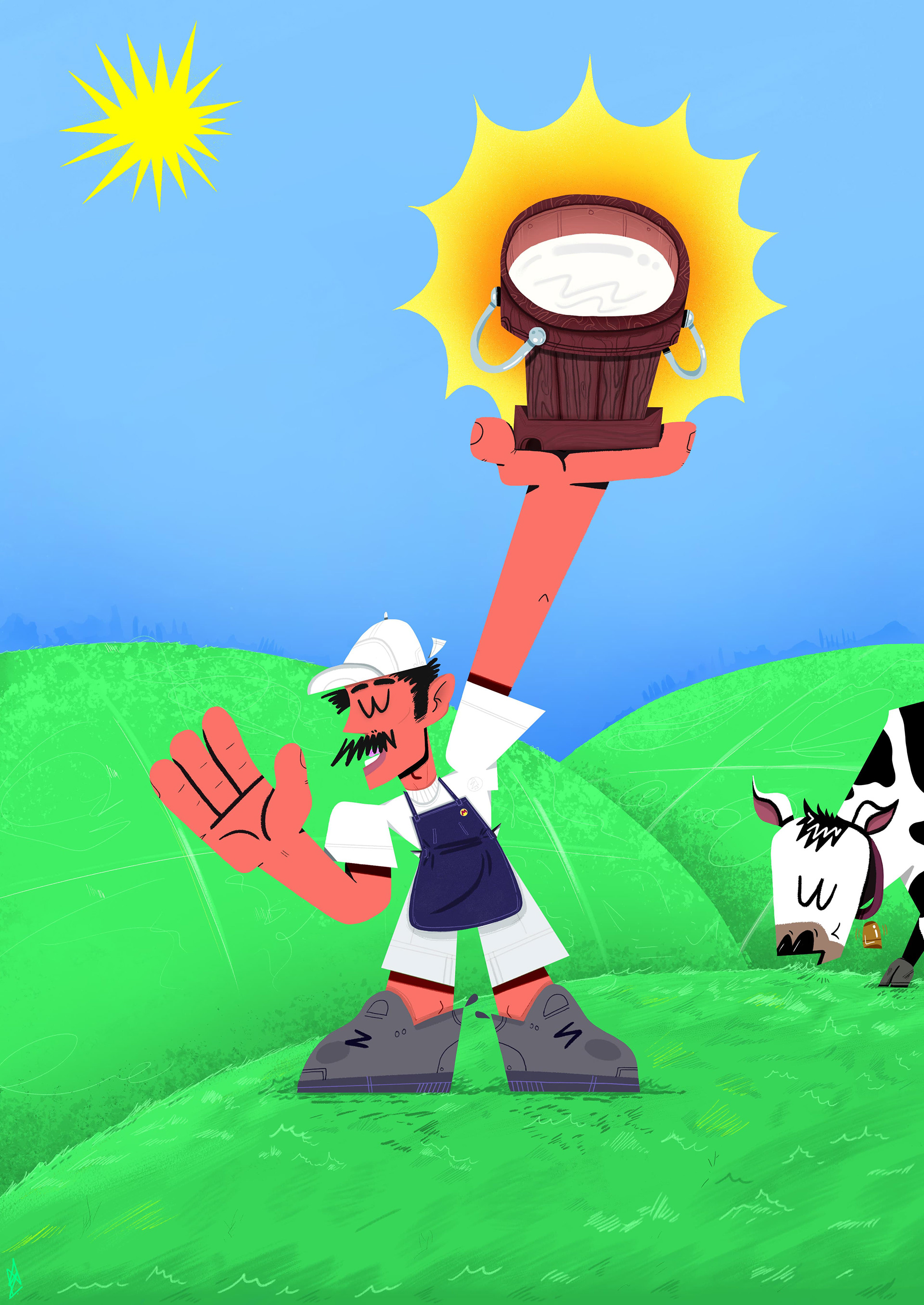 Illustration of a milkman holding up a milk bucket on a green grass filled hill with a view of grassy rolling hills in the background, a cow is grazing by the right hand side and the sun is shining on the top left corner of the image 