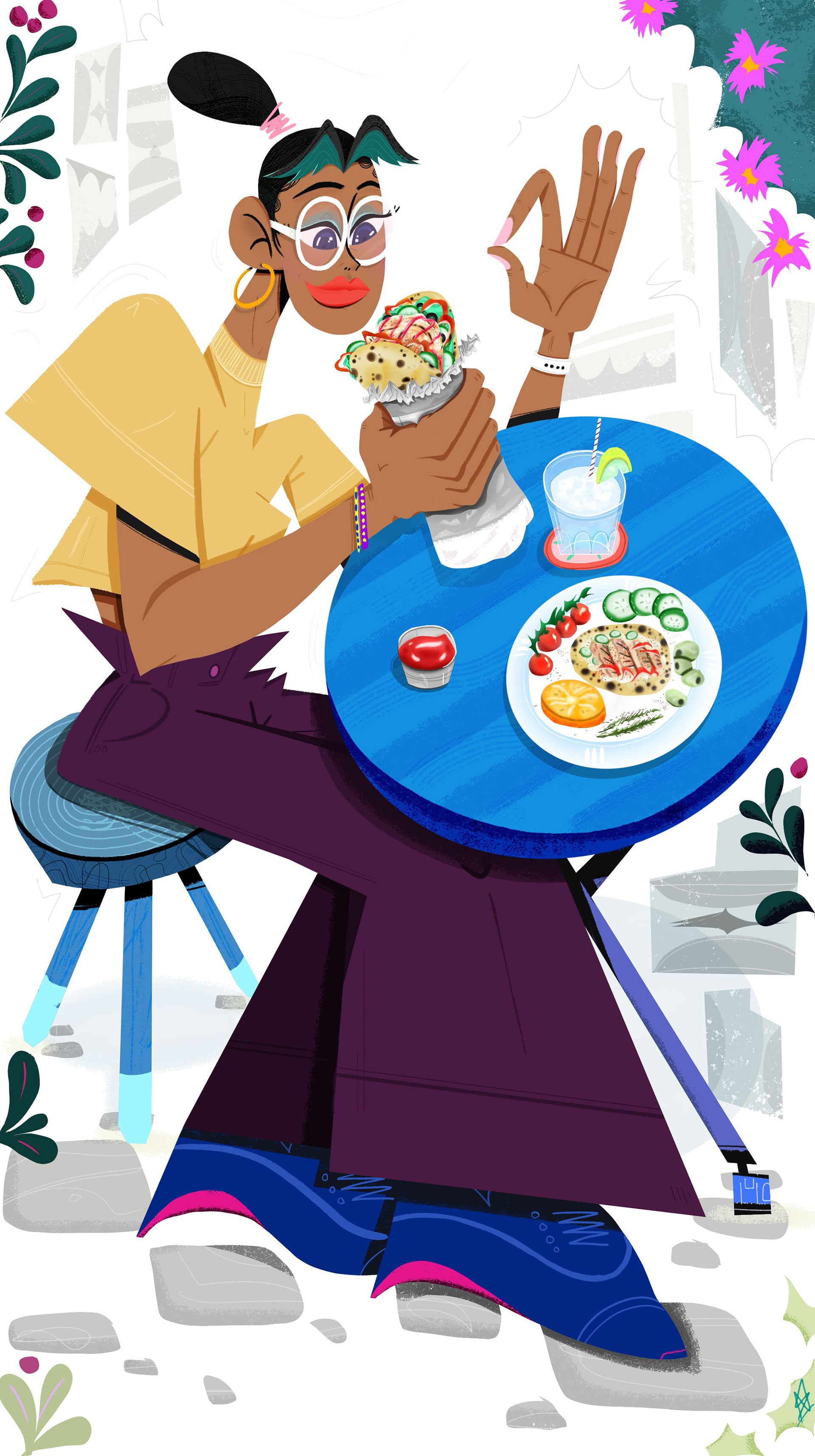 eating a wrap with mastelo cheese by a blue table drinking Ouzo and showing a hand sign for a good time