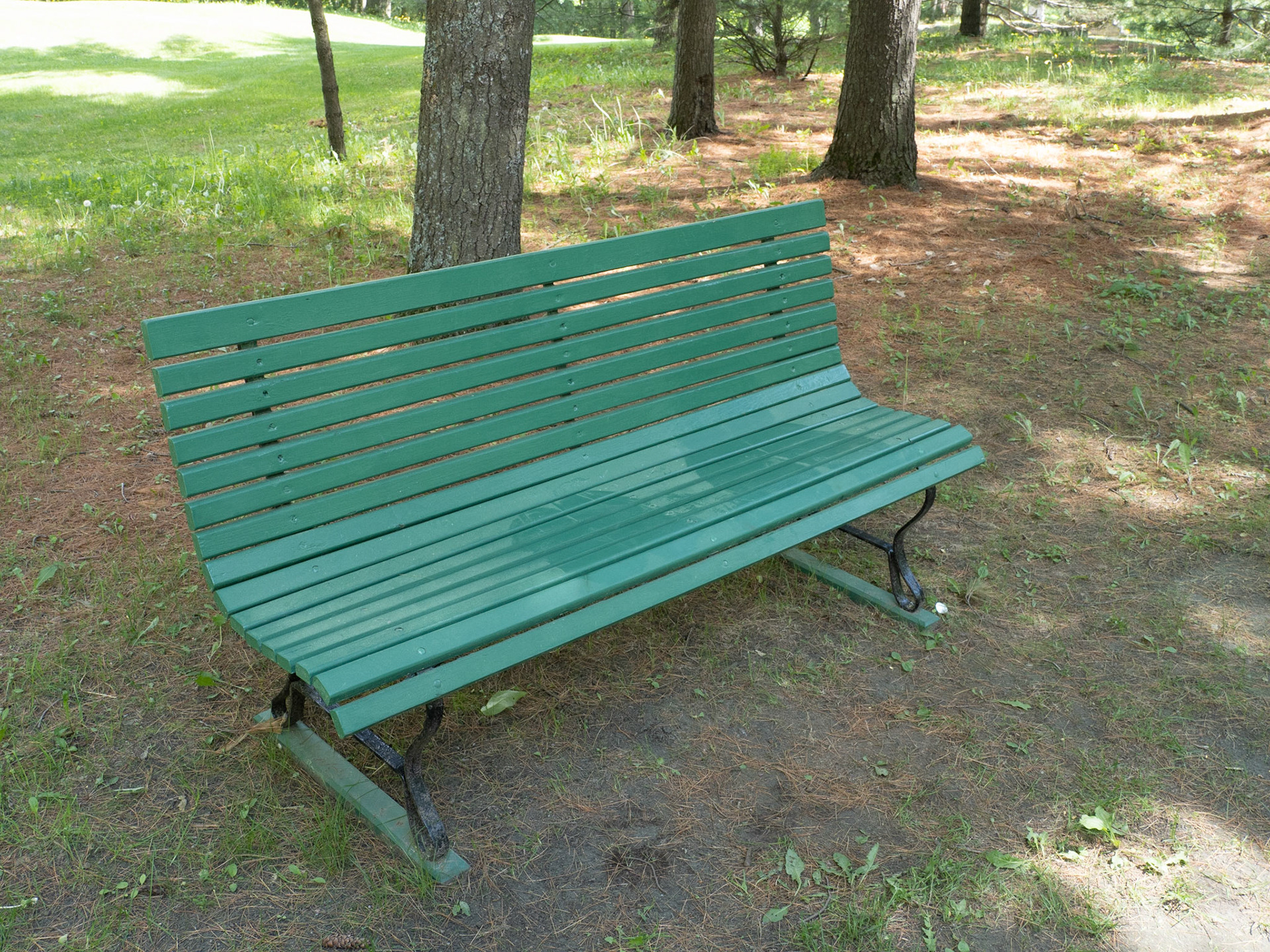 Pollen covered bench with evidence of people having sat on it
