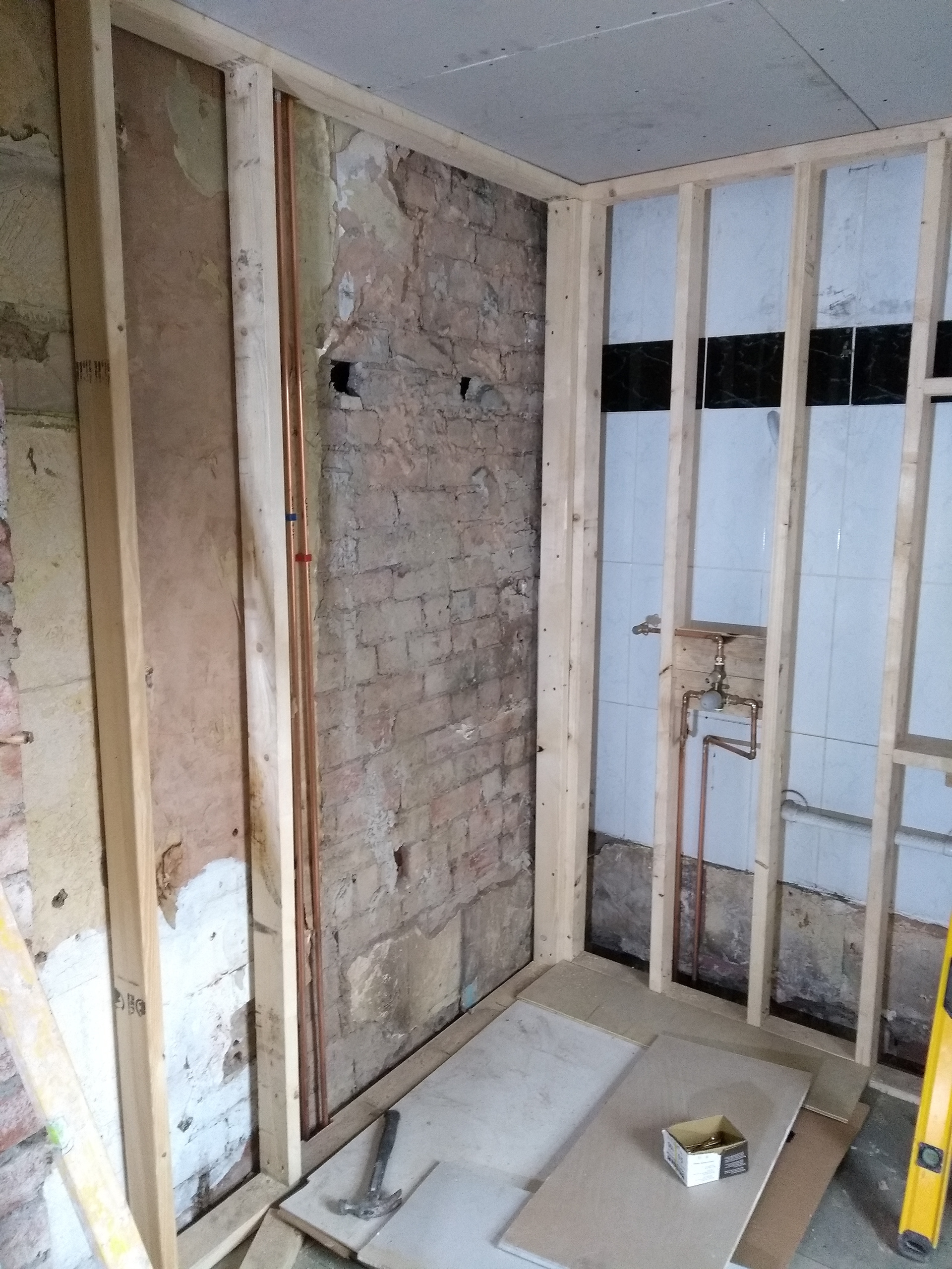 Stud work constructed for shower area