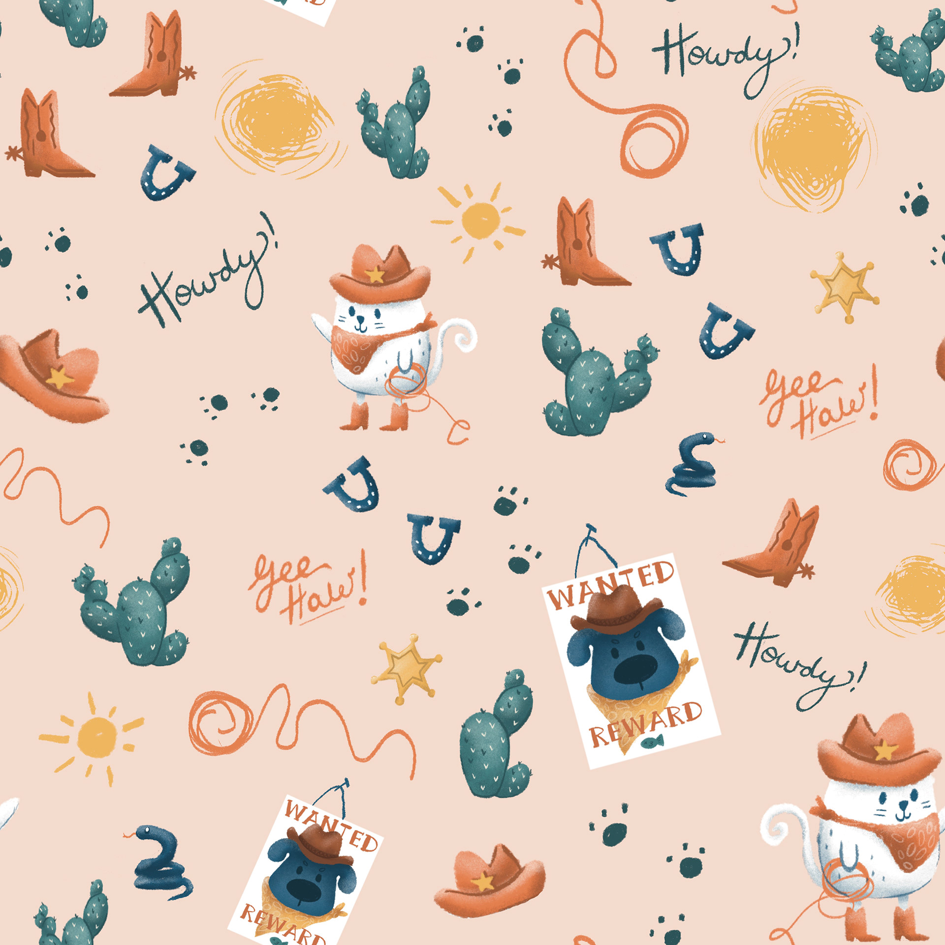 'Howdy in orange' Focal Pattern 12x12"  Digital Illustration