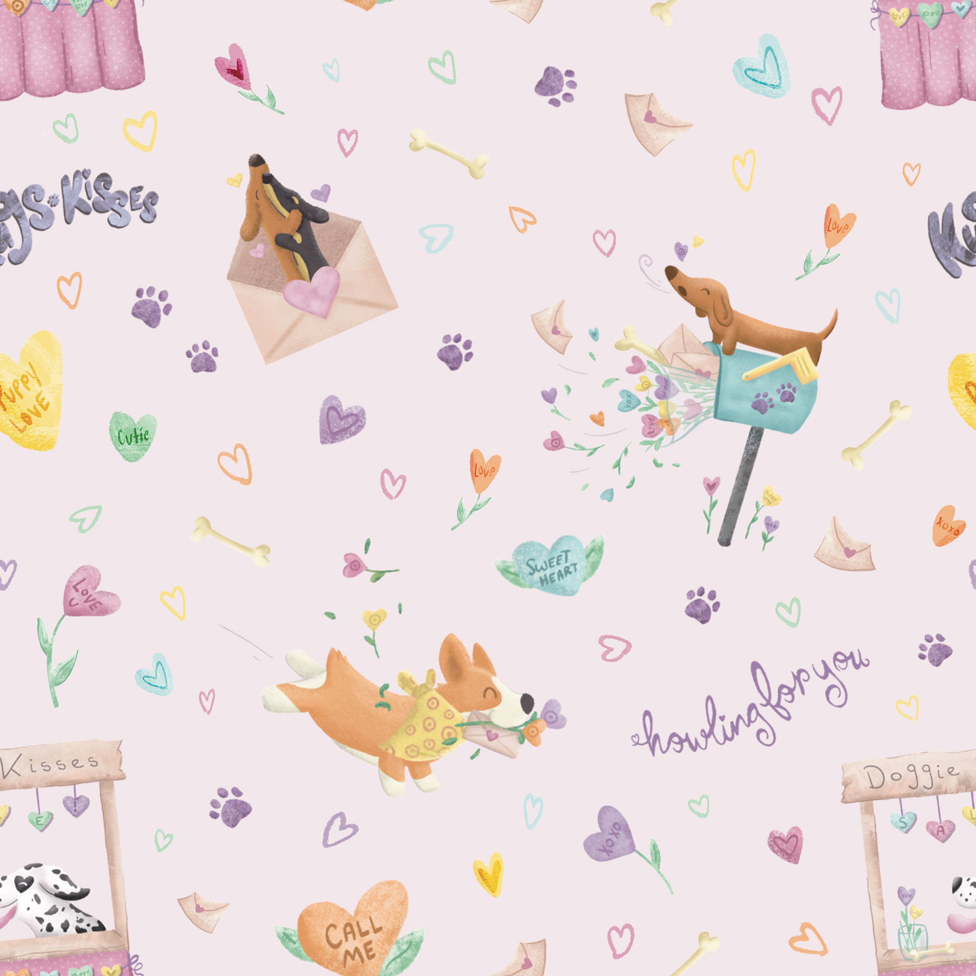 Puppy Love in Pink Pattern Digital Illustration