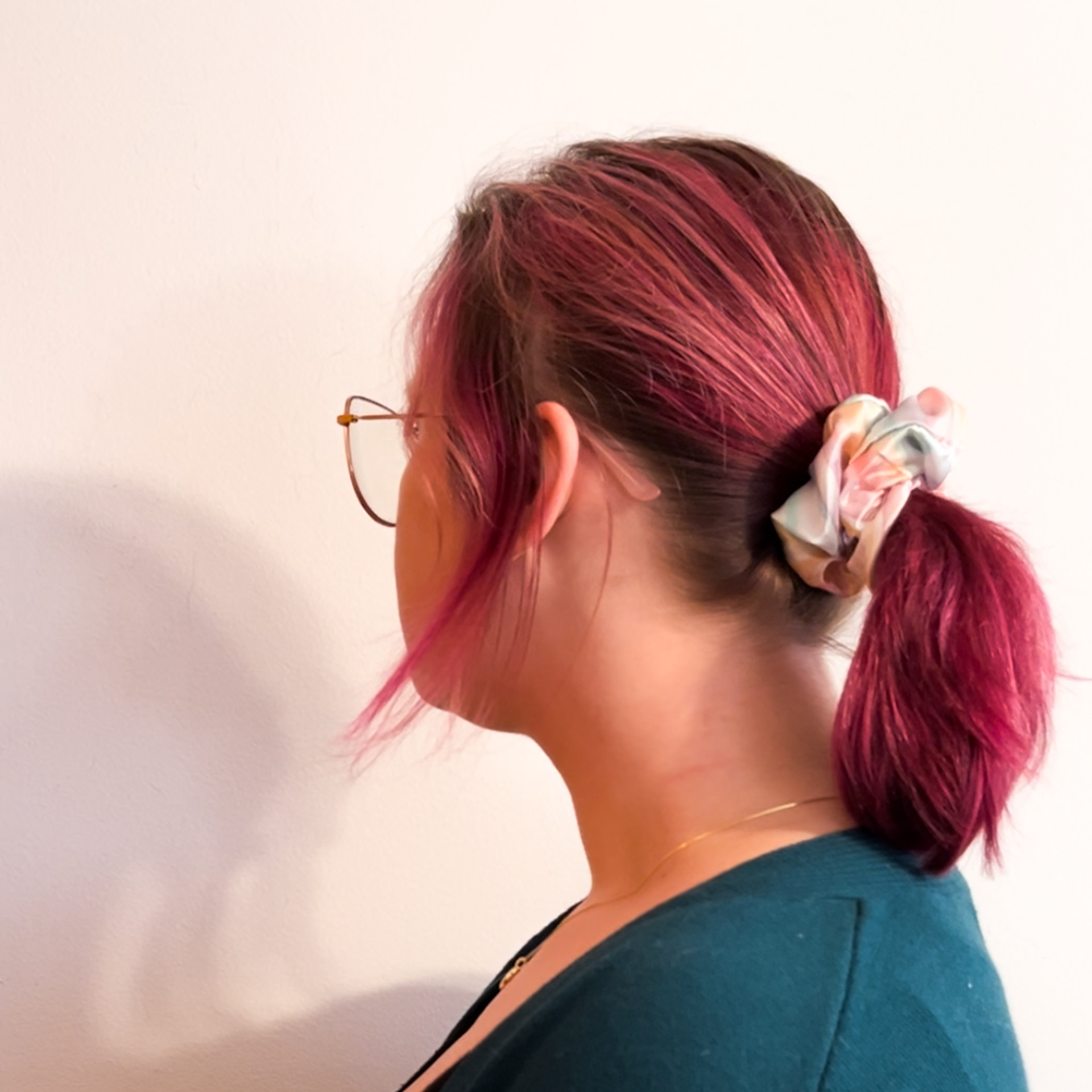 Modeling Rainbow Watercolor Satin Hair Scrunchie