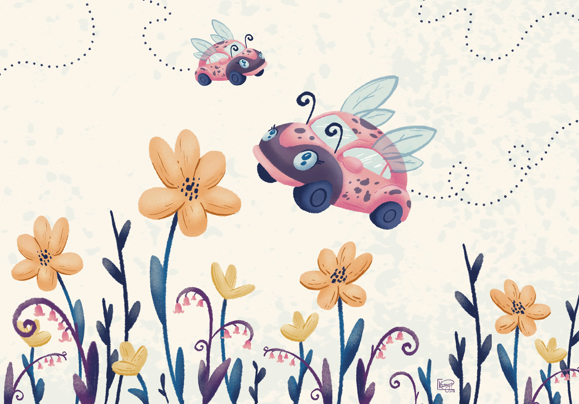 The Bug Bugs, Flying Beetle Cars, 11x14",  Digital Illustration